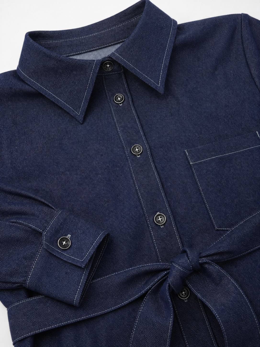 Elegant Dark Wash Denim Midi Dress, Collared Long‑Sleeve Waist‑Tie Button‑Down Casual Dress For Women A-43054