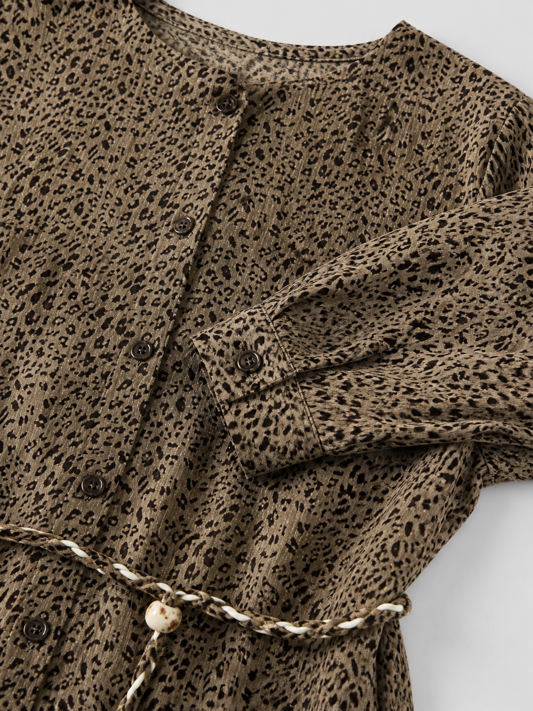 Women's Leopard Print Midi Dress, Round‑Neck Long‑Sleeve Button‑Front Braided Belt Waist‑Tie Casual Dress A-43188