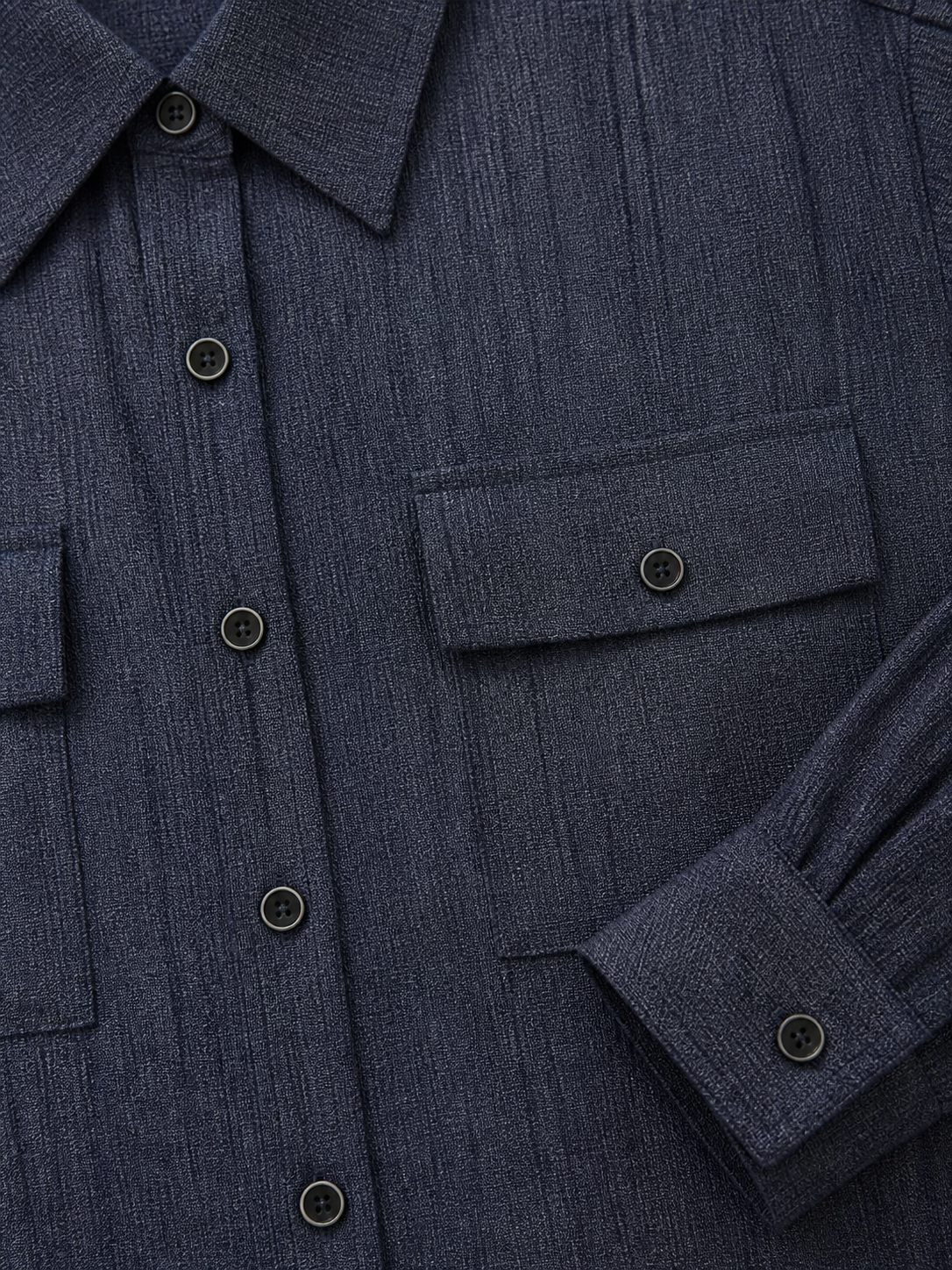Chic Textured Dark Blue Loose Shirt, Turn‑Down Collar Long‑Sleeve Dual‑Pocket Casual Utility Blouse A-43392