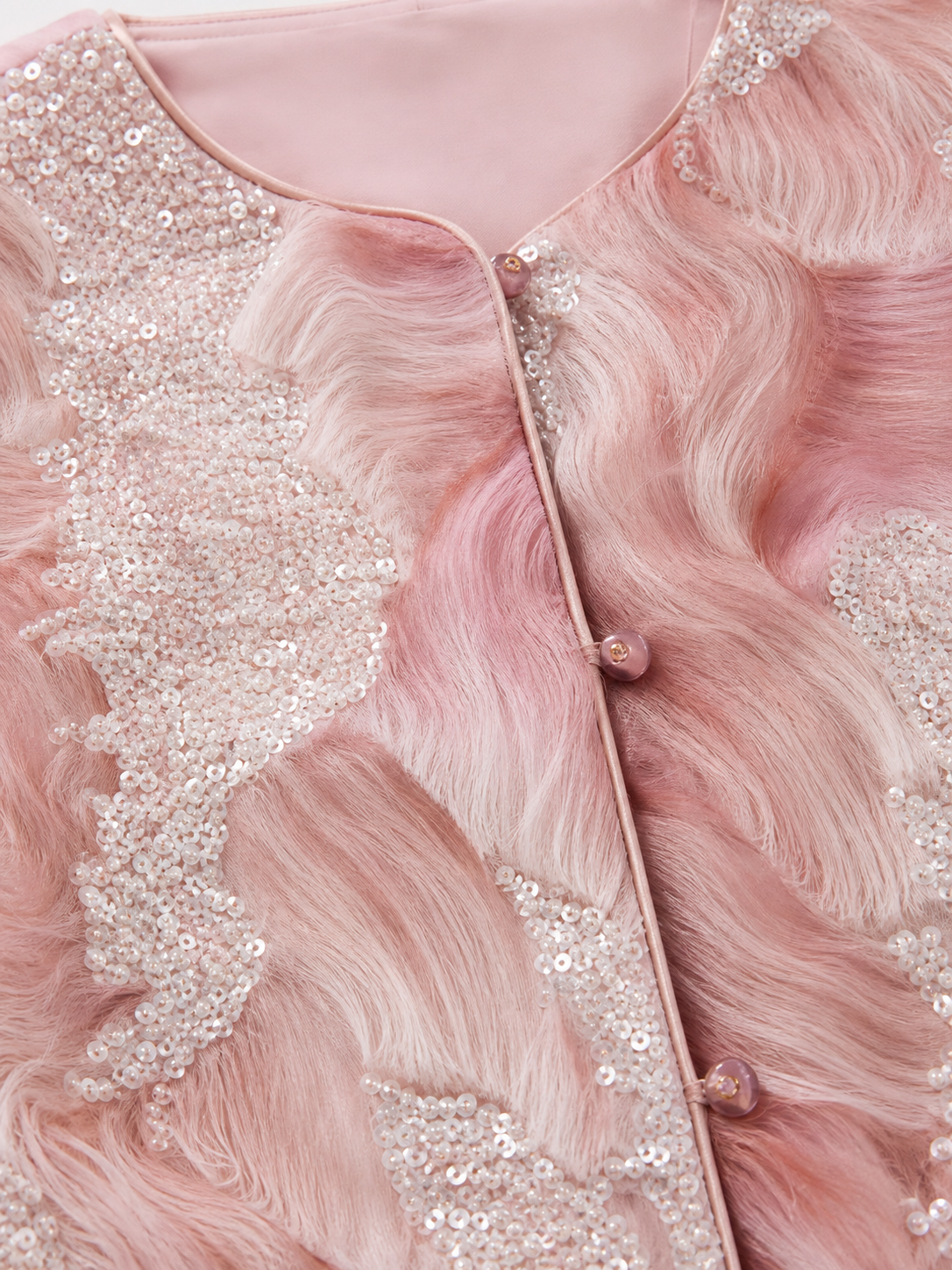 Women's Pink 3D Print Beaded Sequin Jacket, Round‑Neck Long‑Sleeve Button‑Front Luxury Elegant Party Outerwear C-41062