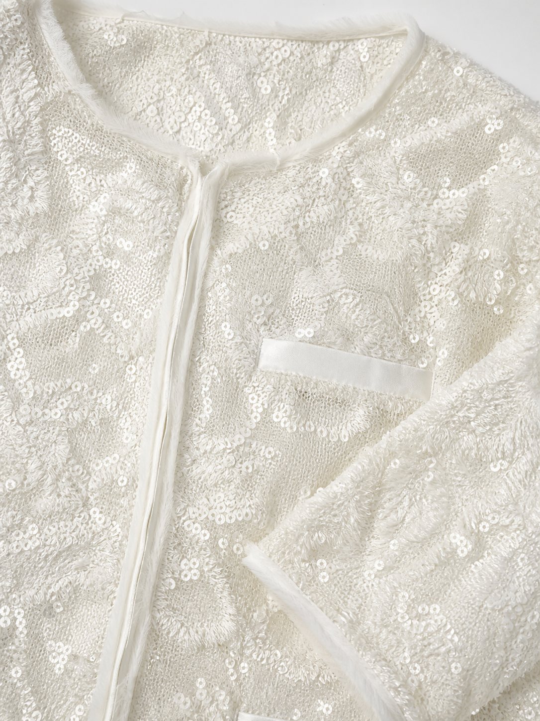 Women's White Lace Sequin Open‑Front Jacket, Round‑Neck Long‑Sleeve Pocket‑Detail Elegant Sparkly Party Blazer C-41067