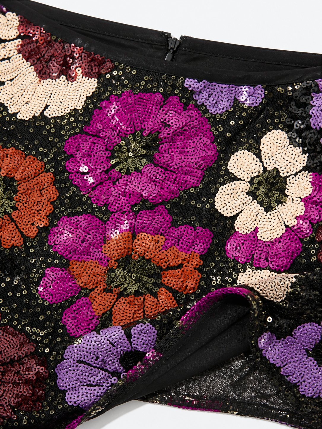 Women's High‑Waist Floral Sequin Mini Skirt, Black Base Colorful Flower Sparkly A‑Line Short Party Skirt C-41228