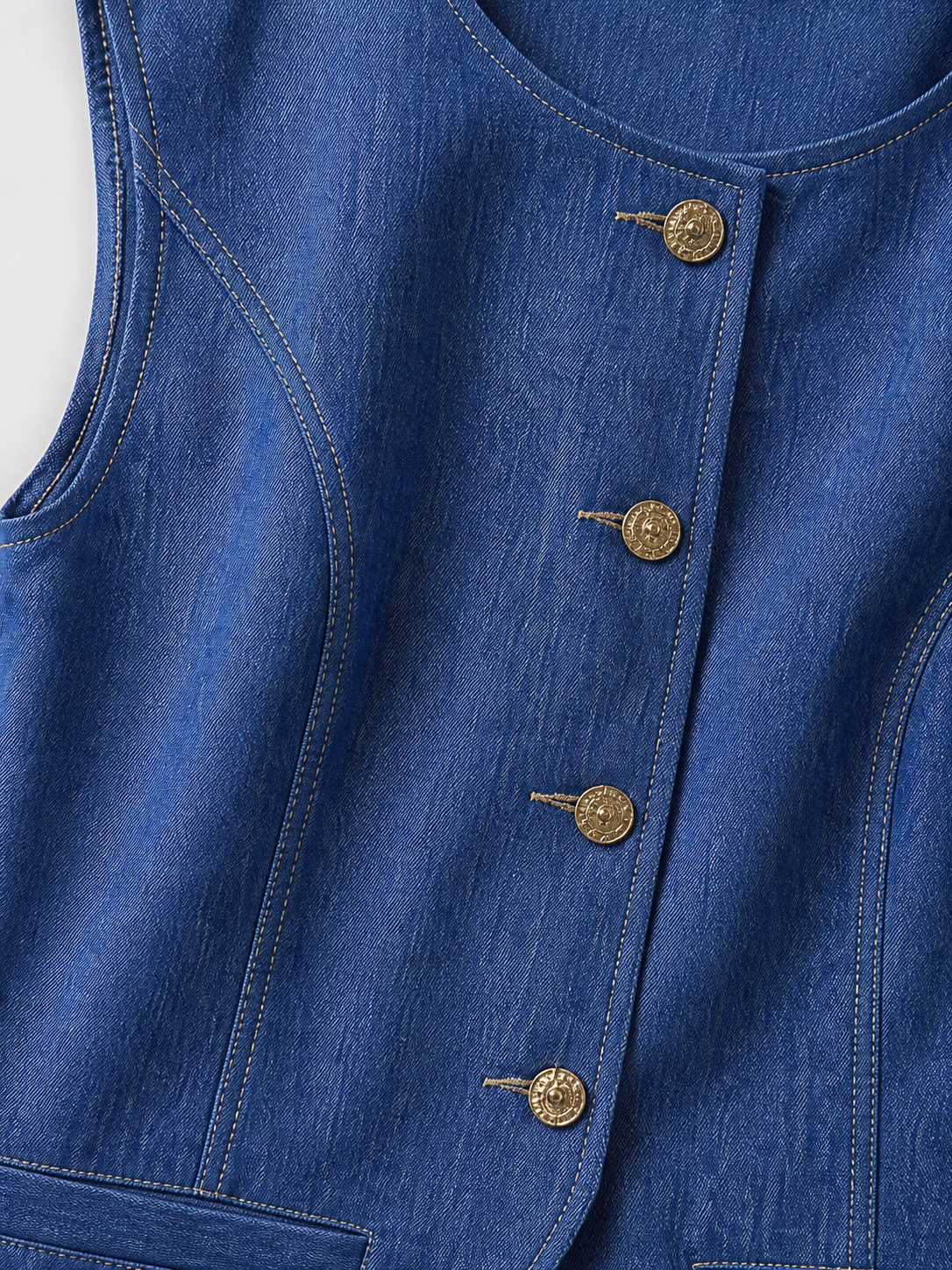 Women's Blue Fitted Denim Waistcoat Vest, Round‑Neck Sleeveless Gold‑Button‑Front Pocket Casual Layering Top C-41270