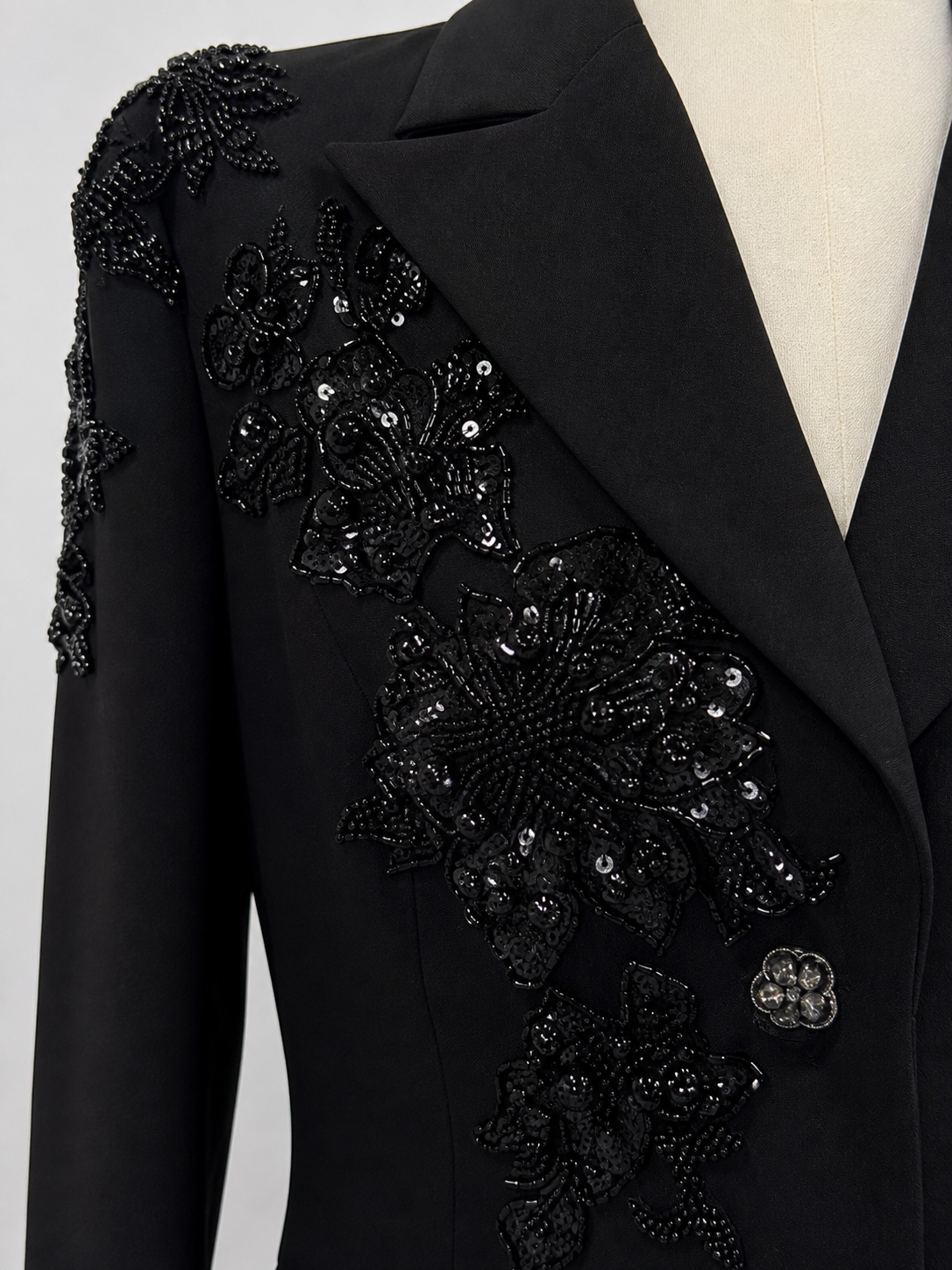 Elegant Embellished Floral Beaded Blazer Jacket, Lapel Collar Long‑Sleeve Office‑Party Outerwear 8013-190