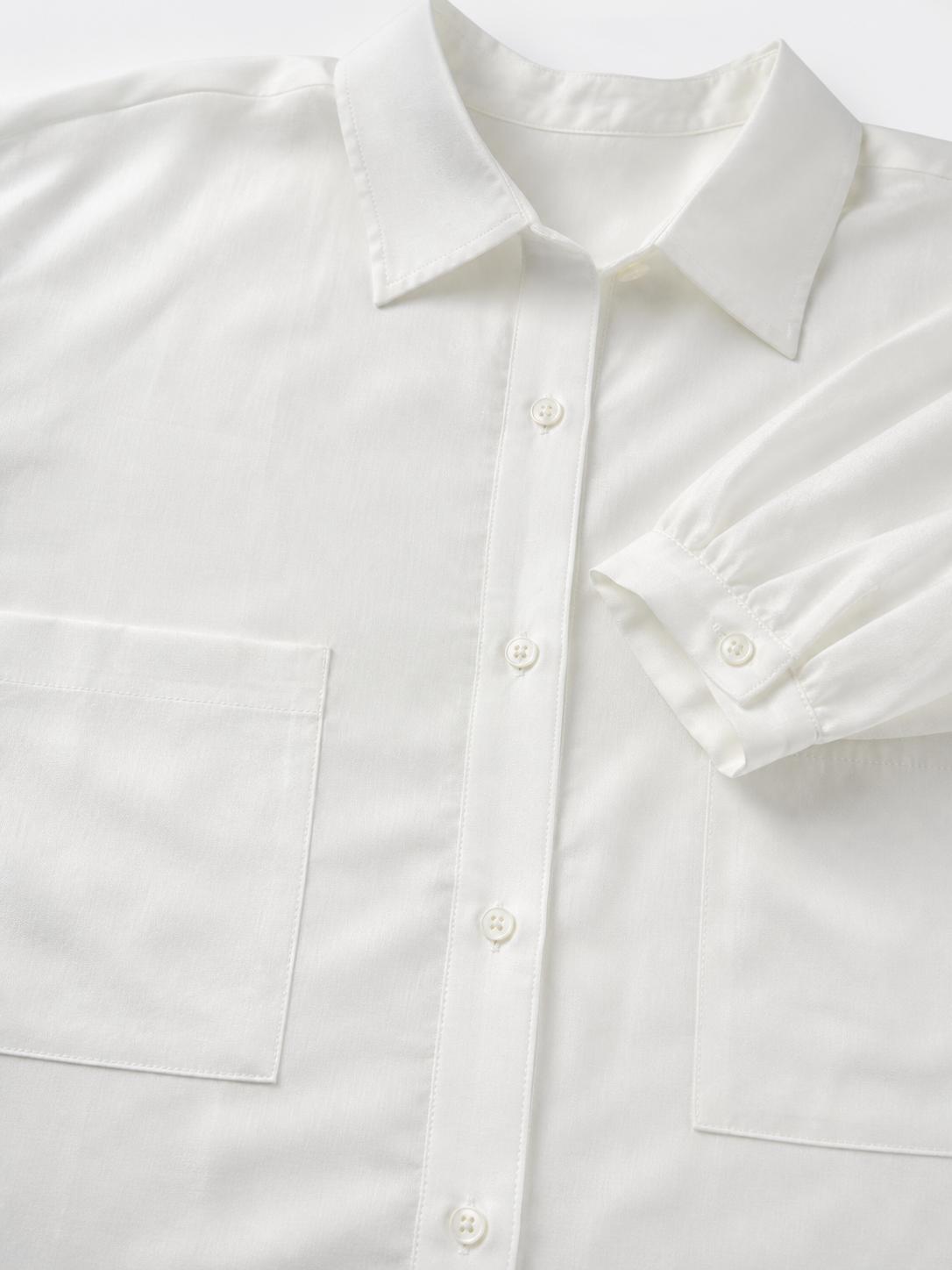 Basic Oversized White Cotton‑Feel Shirt, Two Patch Pockets Long‑Sleeve Button‑Up Top For Women A-41598