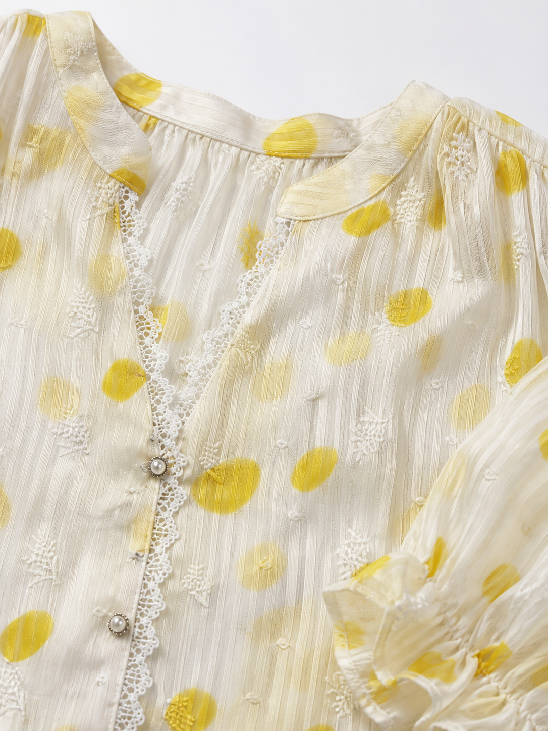Chic White‑Yellow Dot Print Lace‑Trim Blouse, Stand Collar Flounce Cuff Loose‑Fit Top A-42439