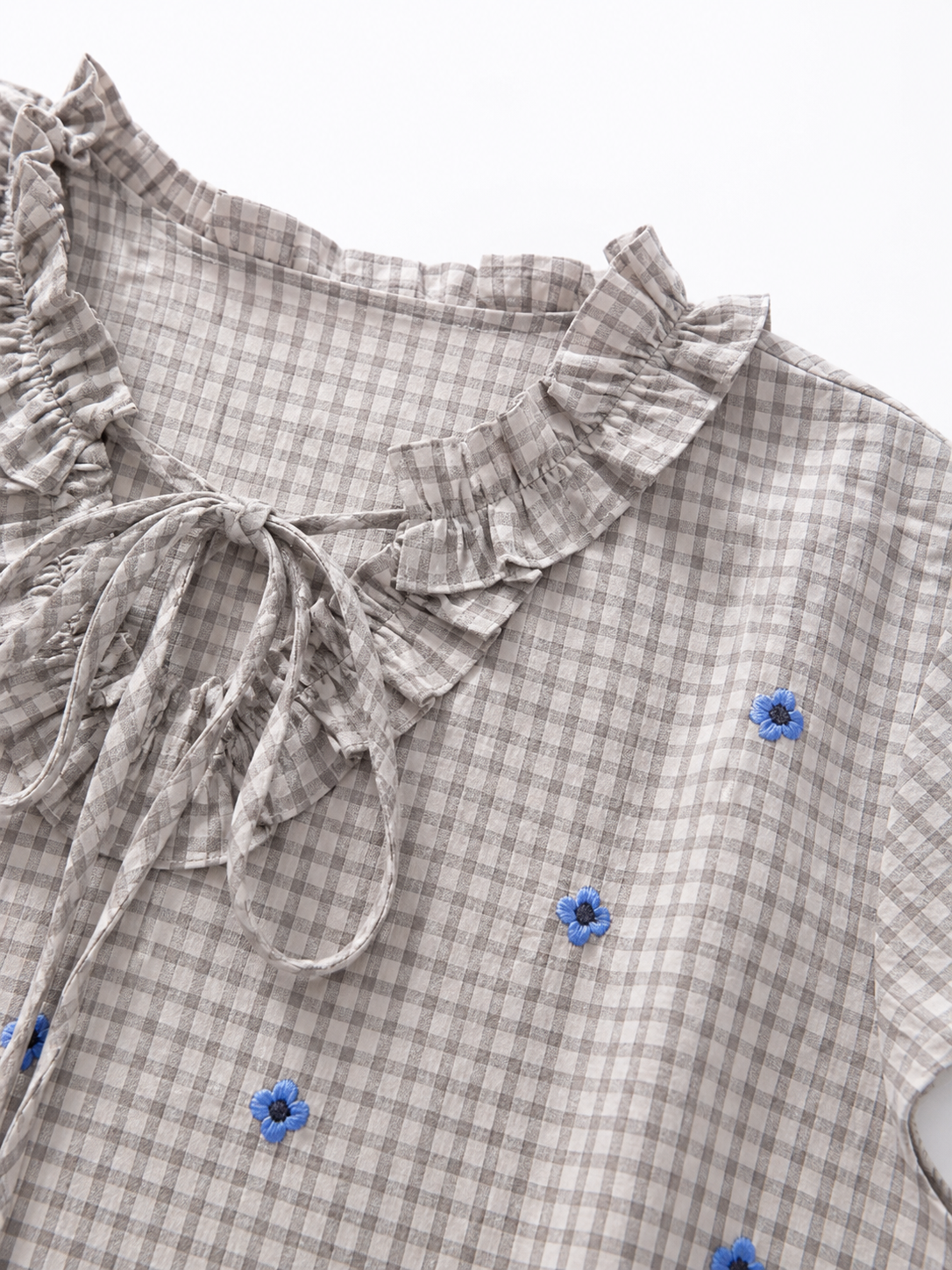 Vintage Plaid Floral‑Stitch Loose Dress, Ruffled Tie‑Neck Cap‑Sleeve Daily‑Vacation Midi Dress A-42657