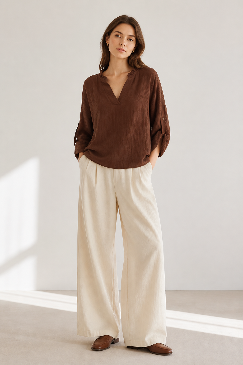 Brown Crinkle‑Textured V‑Neck Blouse With Ruffled Notch Collar & Roll‑Up Sleeves C-43565