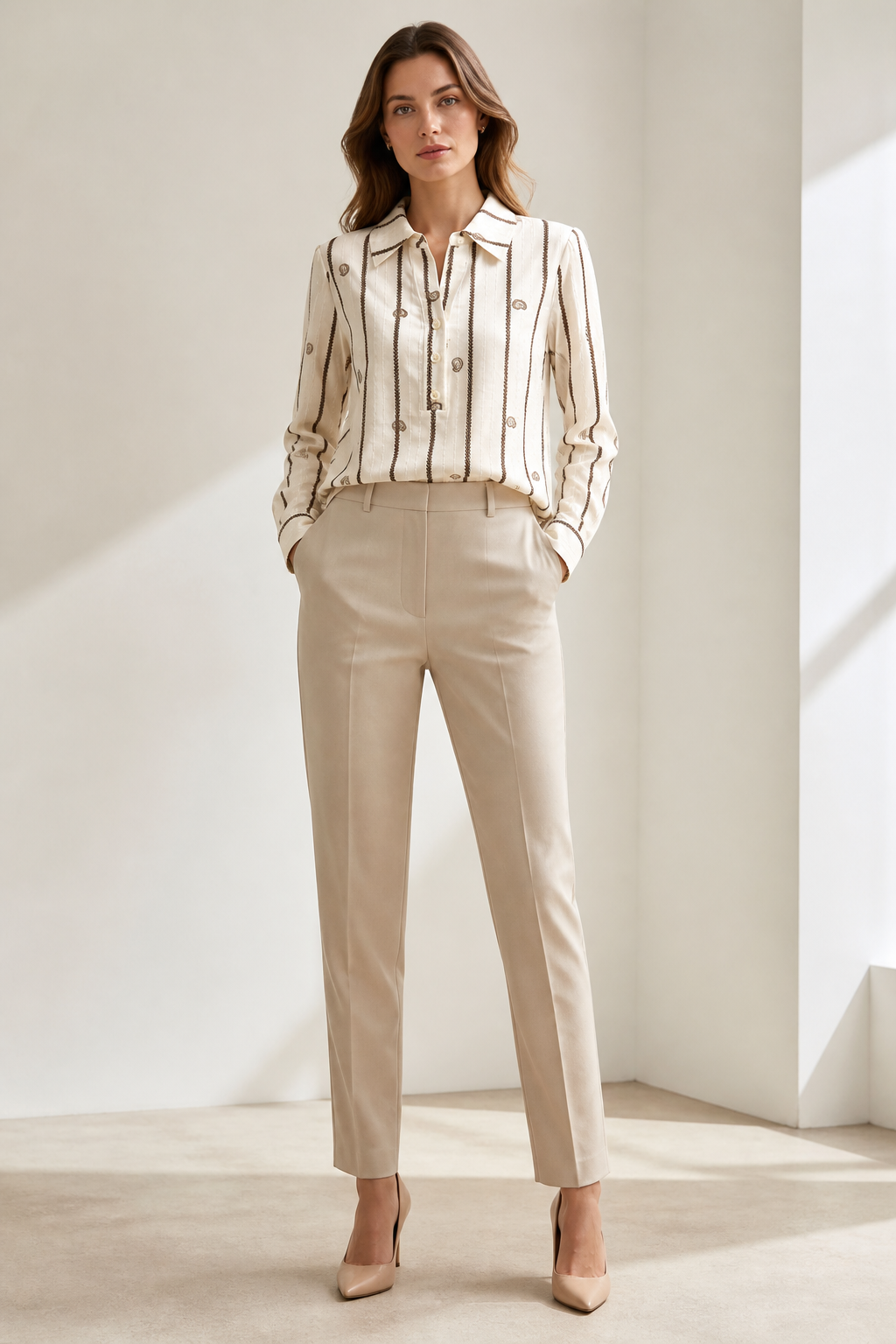 Off‑White Vertical‑Stripe Paisley‑Embroidered Henley Collar Long‑Sleeve Blouse D-42992