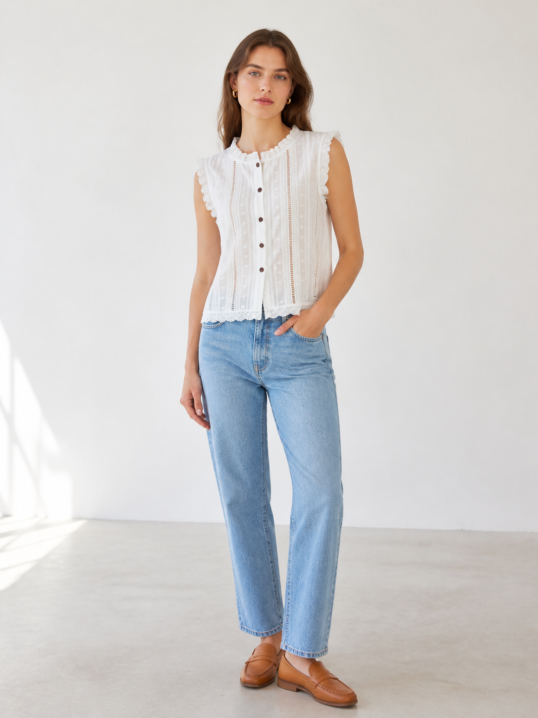 White Cut‑Work Embroidered Sleeveless Blouse With Ruffled Neck & Lace Trim D-43034