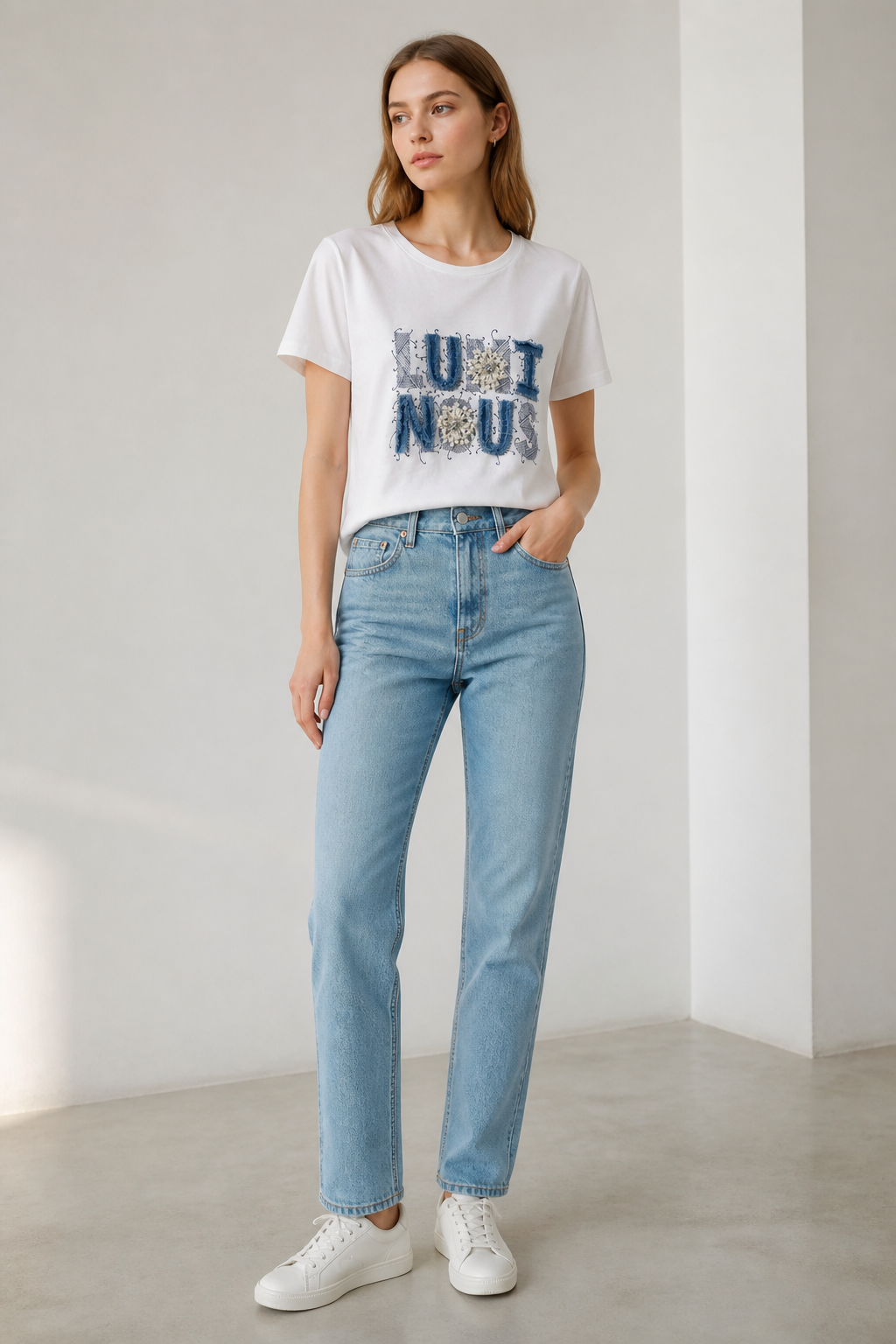 White Crew‑Neck Short‑Sleeve T‑Shirt With Denim Letter Applique & Beaded Floral Embellishment M-42129-22