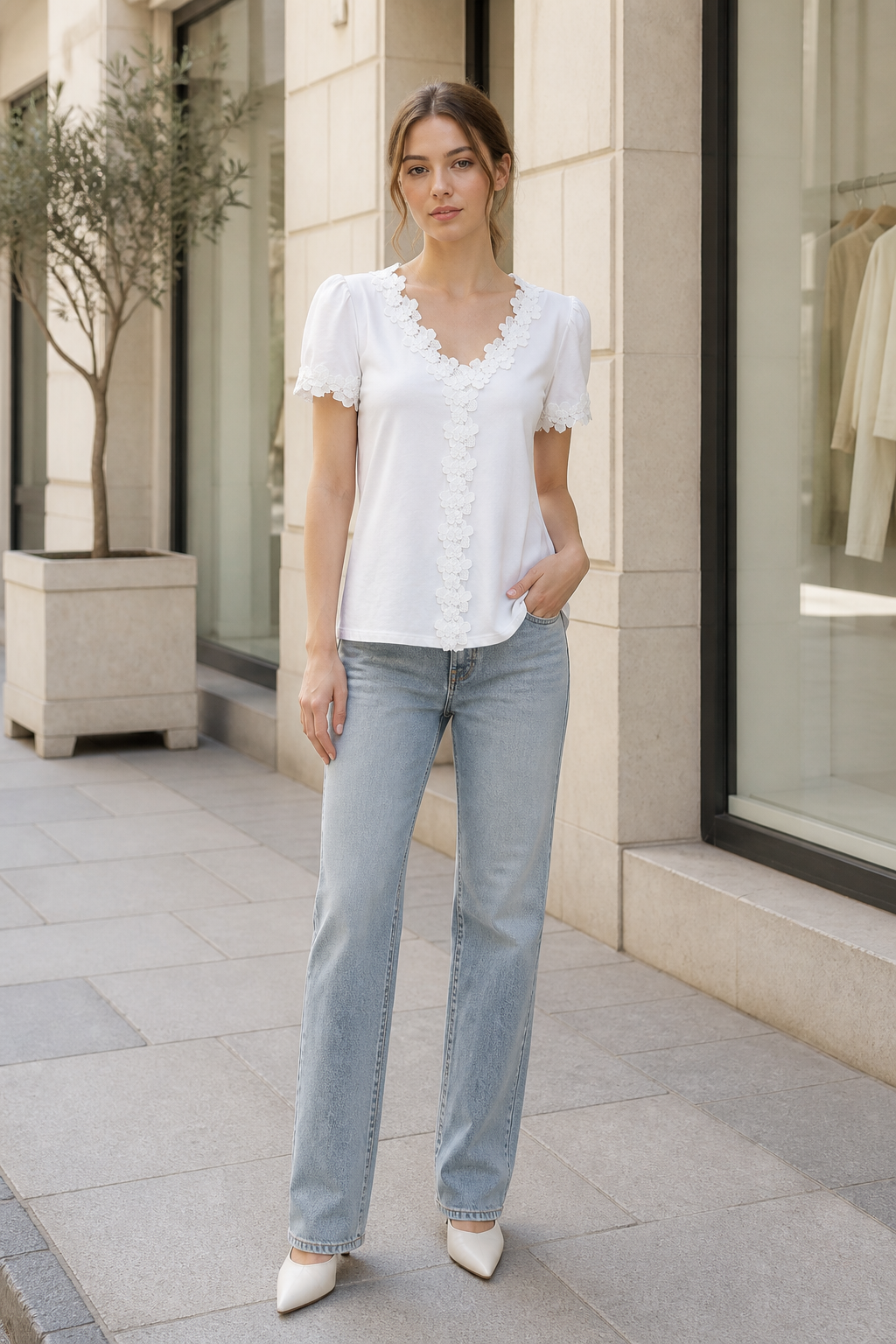 White V‑Neck Puff‑Sleeve Top With Floral Lace Trim Along Neckline & Cuffs M-42670