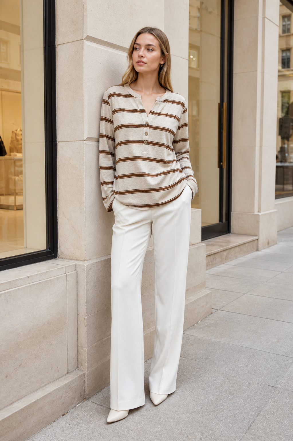 Beige‑Brown Striped Henley Long‑Sleeve Top With Side Tie Knot Hem M-43103