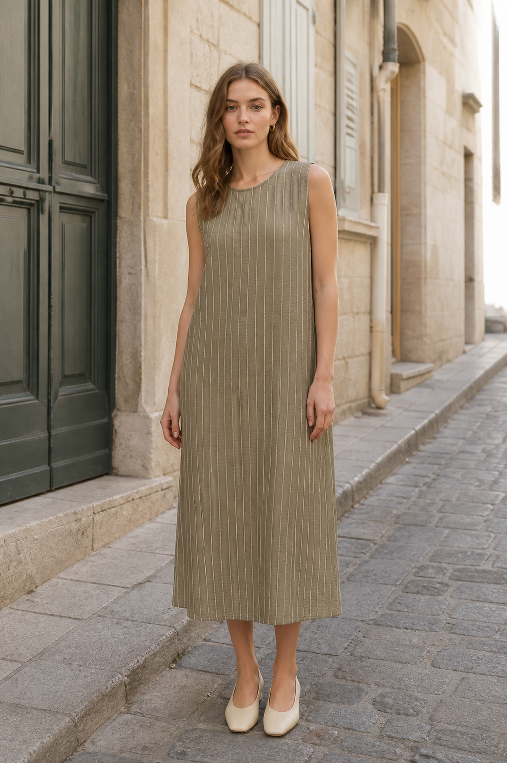 Versatile Linen‑Textured Sleeveless Shift Dress For Vacation & Office C-42198H
