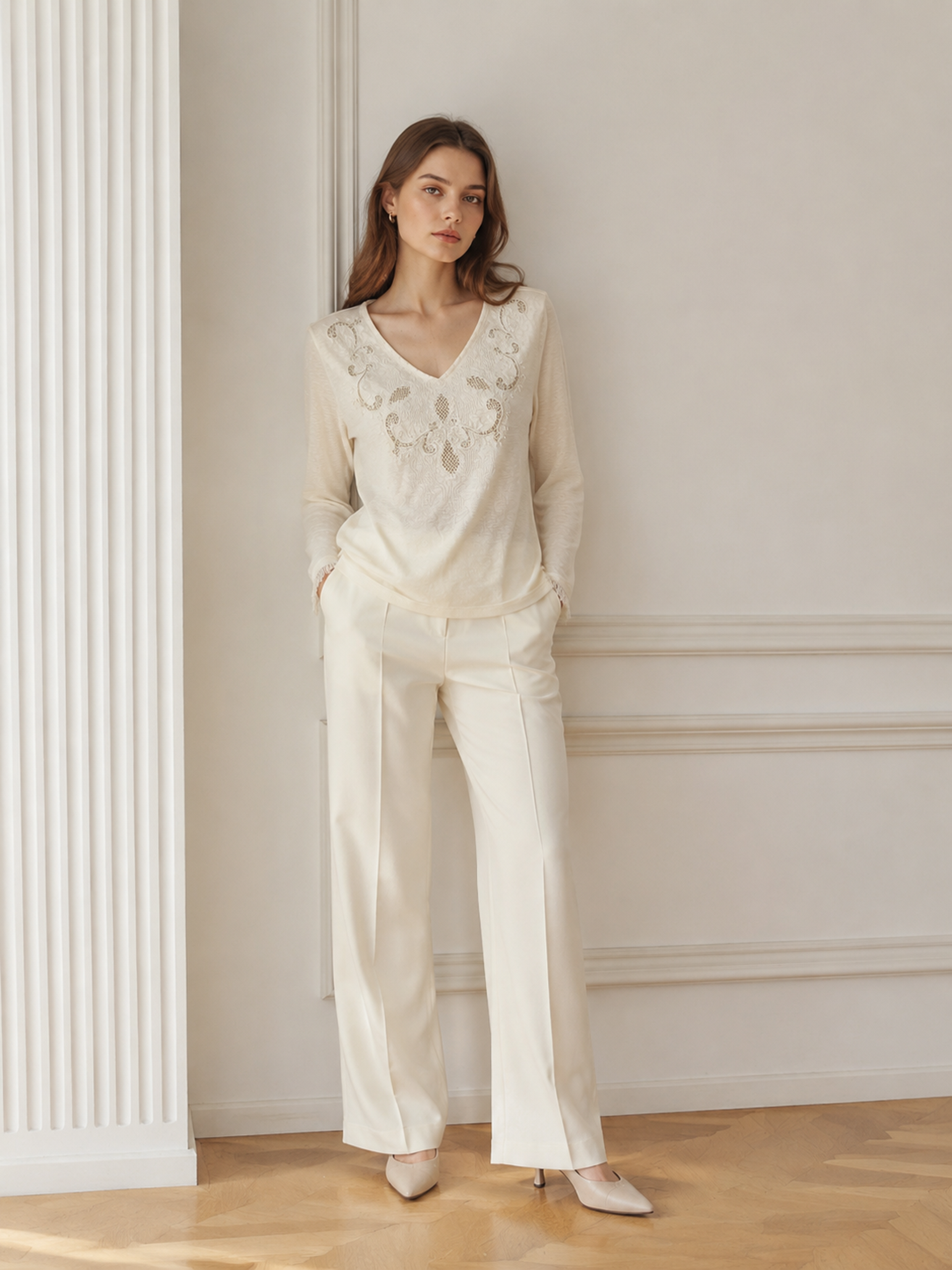 Cream V‑Neck Long‑Sleeve Top, Vintage Floral Cut‑Out Embroidery With Fringe Cuffs W-43019