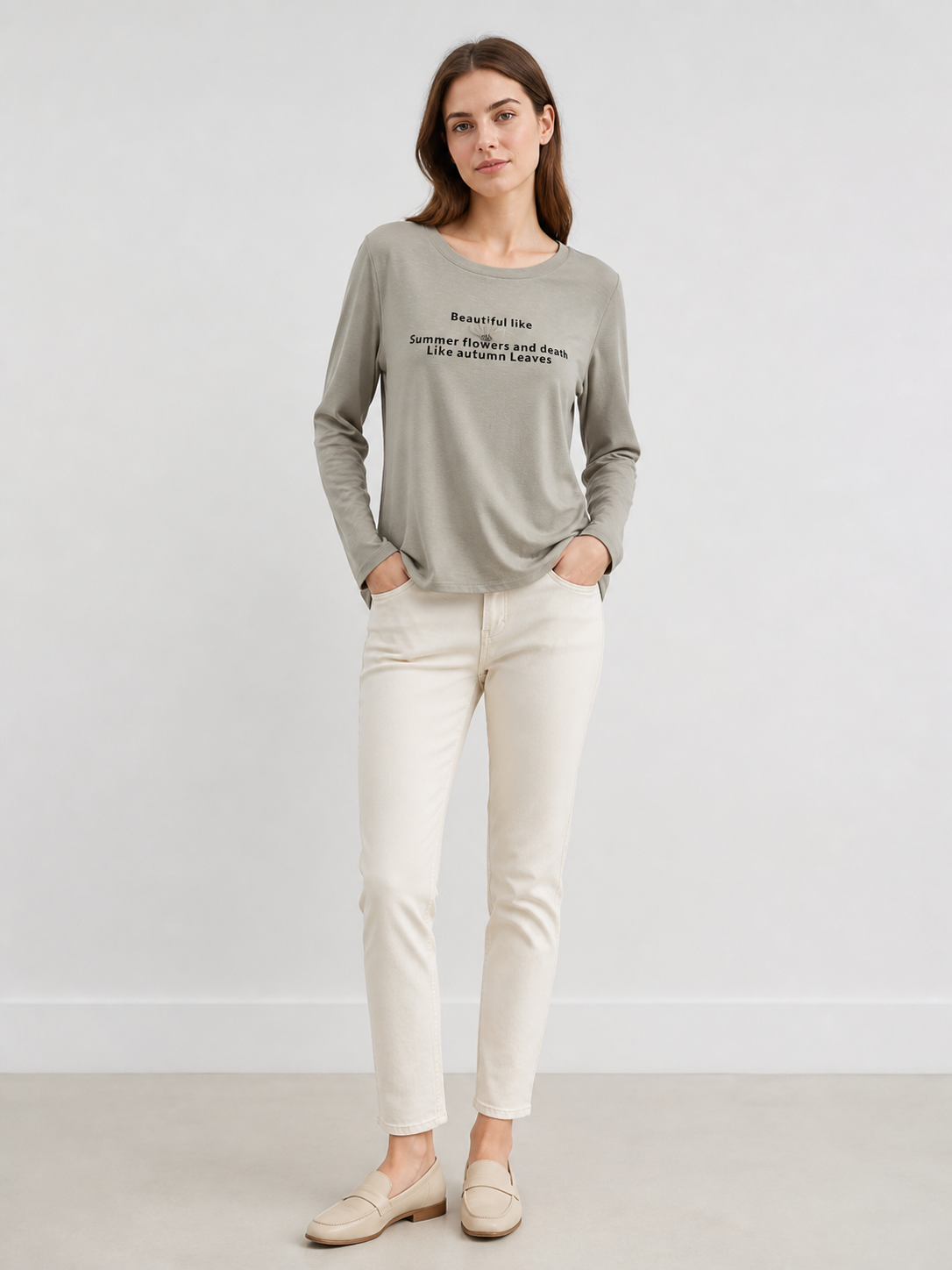 Khaki Round‑Neck Long‑Sleeve T‑Shirt, Letter Graphic Print With Decorative Flower W-43060