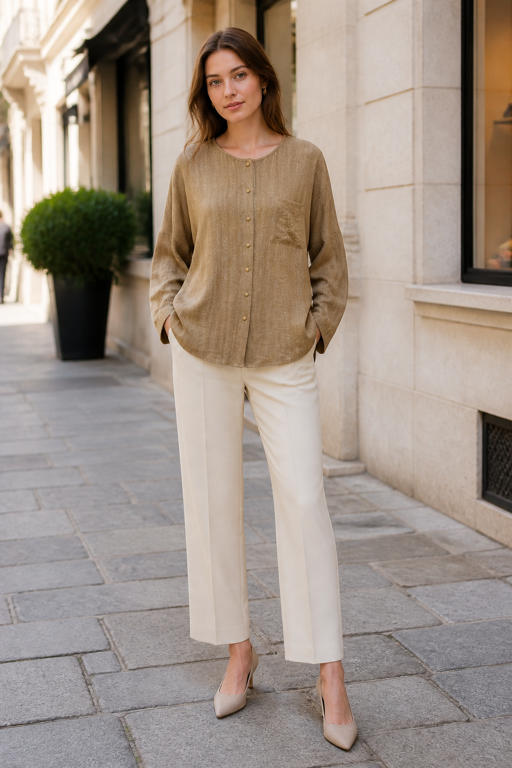 Boho‑Chic Oversized Batwing‑Sleeve Linen Shirt With Patch Pocket, Irregular Curved Hem W-43061