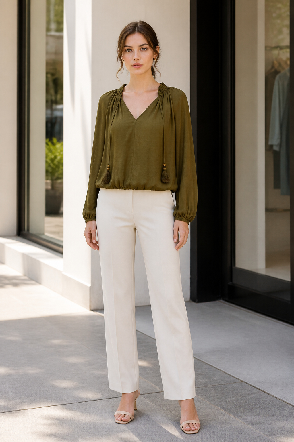 Olive Green V‑Neck Boho Blouse, Long‑Sleeve Peasant Top With Beaded Tassel Tie Neck W-43126