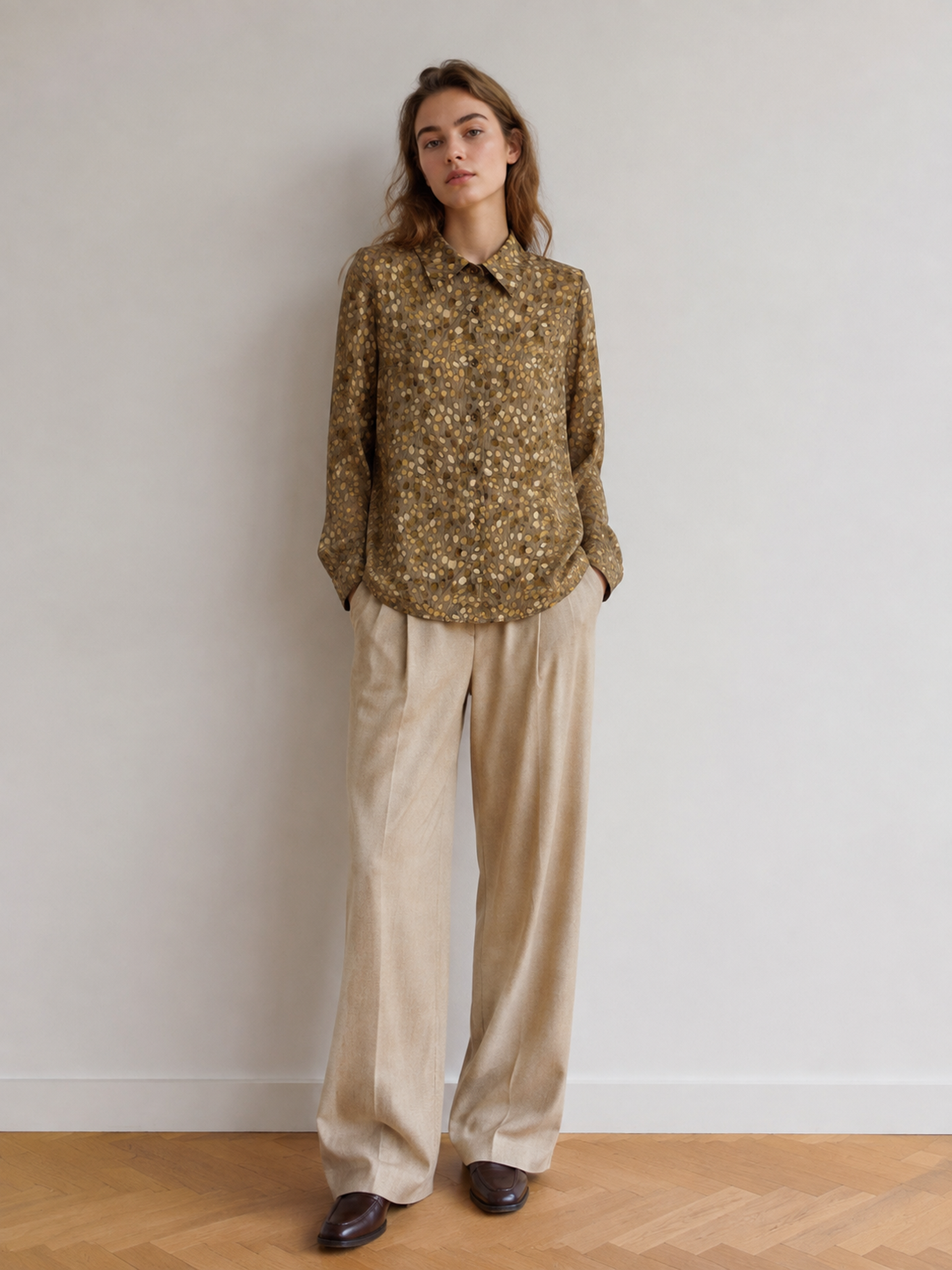 Retro Neutral‑Tone Speckled Print Long‑Sleeve Blouse For Office & Daily Wear W-43166