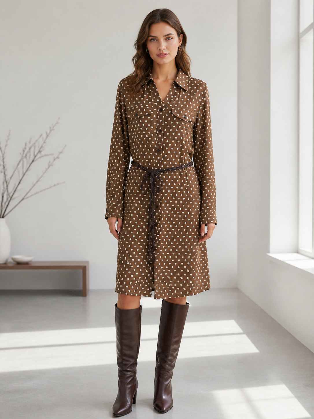 Elegant Coffee‑Color Polka‑Dot Long‑Sleeve Midi Dress For Office & Daily Outfit W-43315