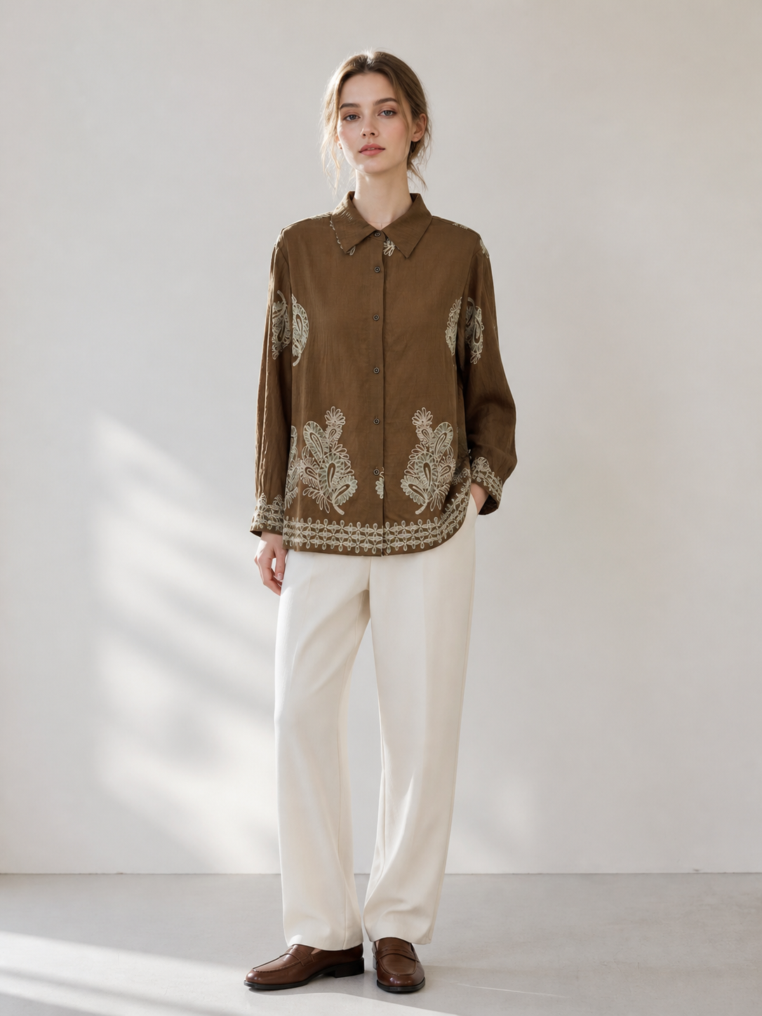 Boho‑Chic Paisley‑Embroidered Textured‑Fabric Loose Button‑Front Shirt W-43352