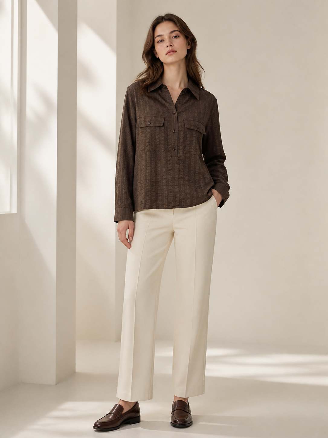 Dark‑Brown Textured Stripe Half‑Button Collared Long‑Sleeve Blouse With Chest Pockets W-43402