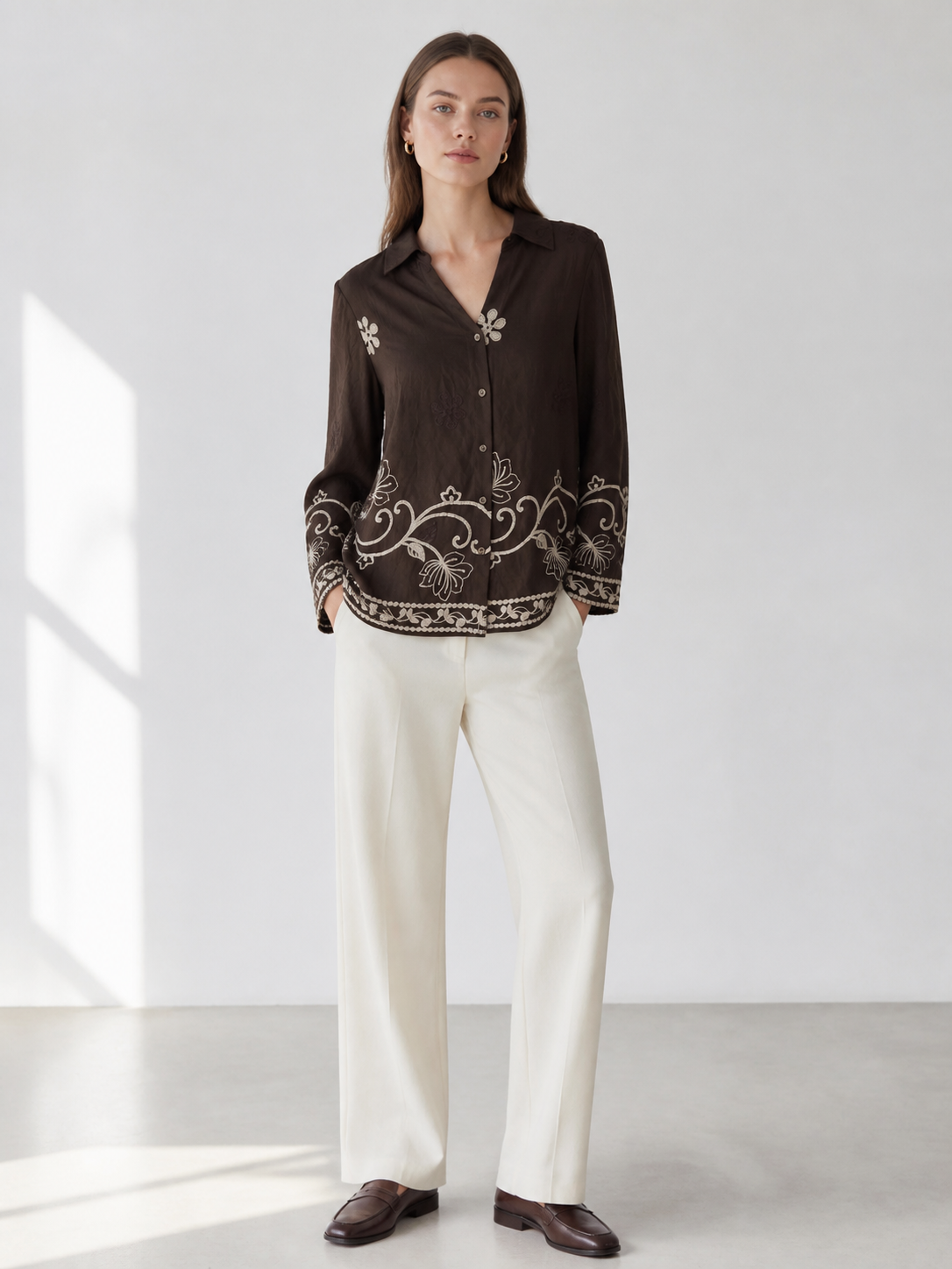 Dark‑Brown Bohemian Floral‑Embroidered Long‑Sleeve Blouse, Collared V‑Neck Loose‑Fit Shirt W-43455