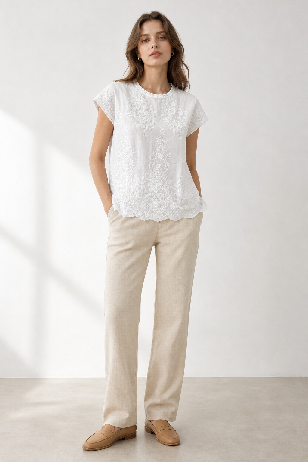 Ruffle Neck Floral‑Embroidered Tunic Blouse, Scalloped Lace Hem Casual Shirt W-43494