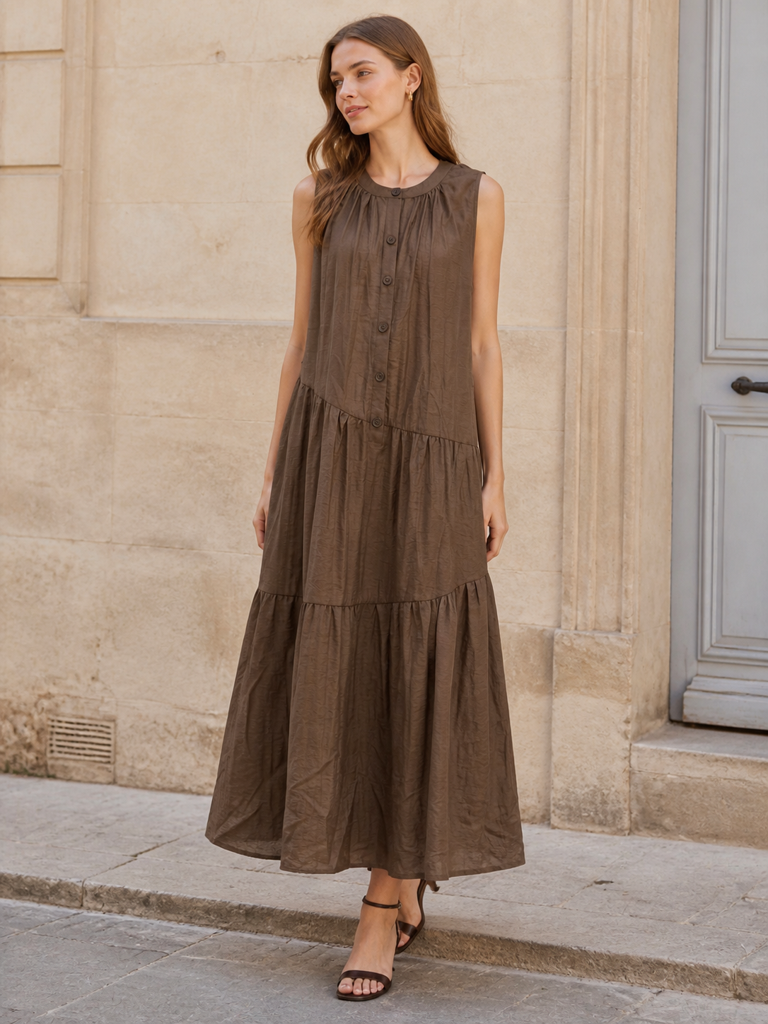 Women's Brown Sleeveless Tiered Midi Dress, Round‑Neck Button‑Front Loose‑Fit Casual Long Dress 