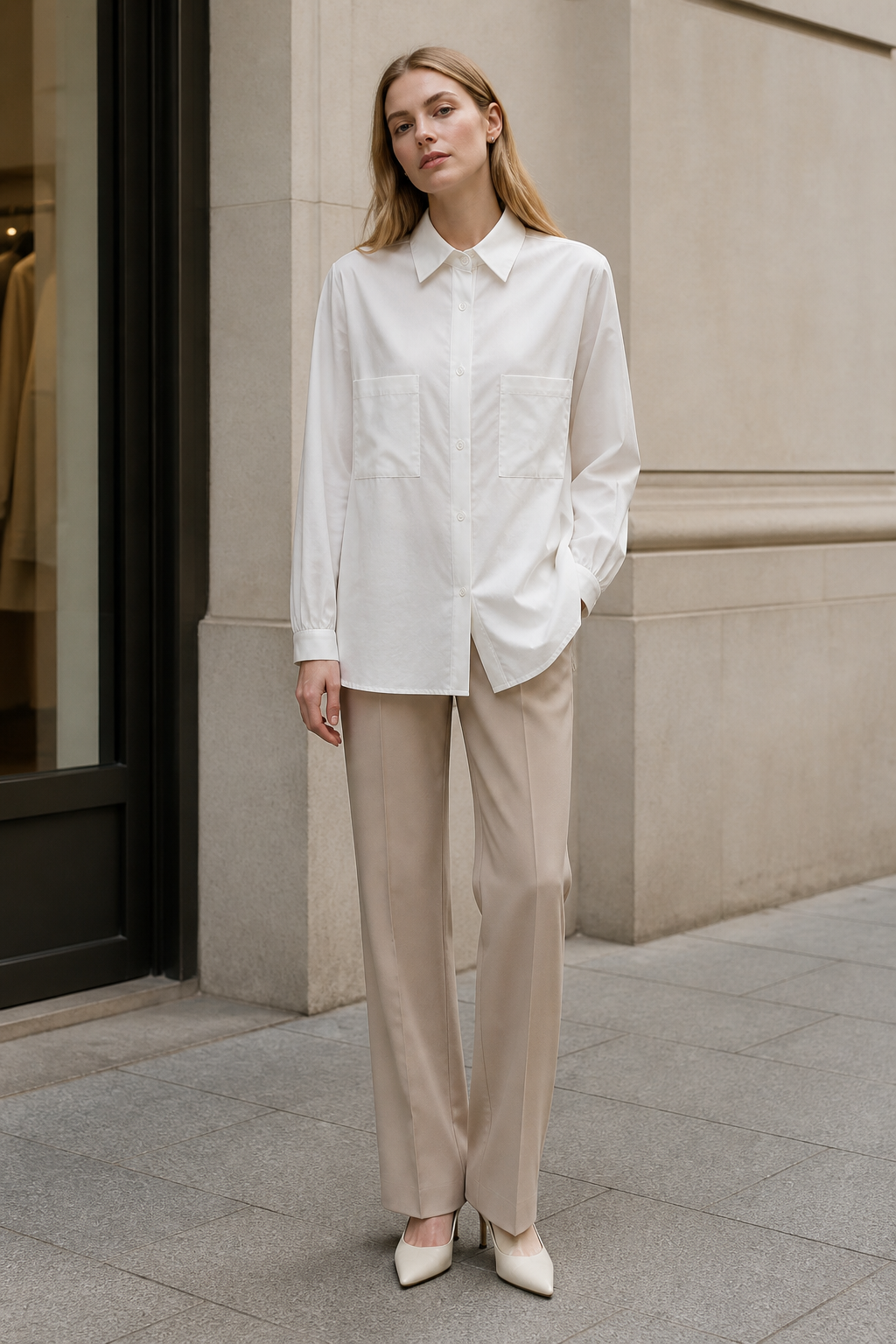 Basic Oversized White Cotton‑Feel Shirt, Two Patch Pockets Long‑Sleeve Button‑Up Top For Women A-41598