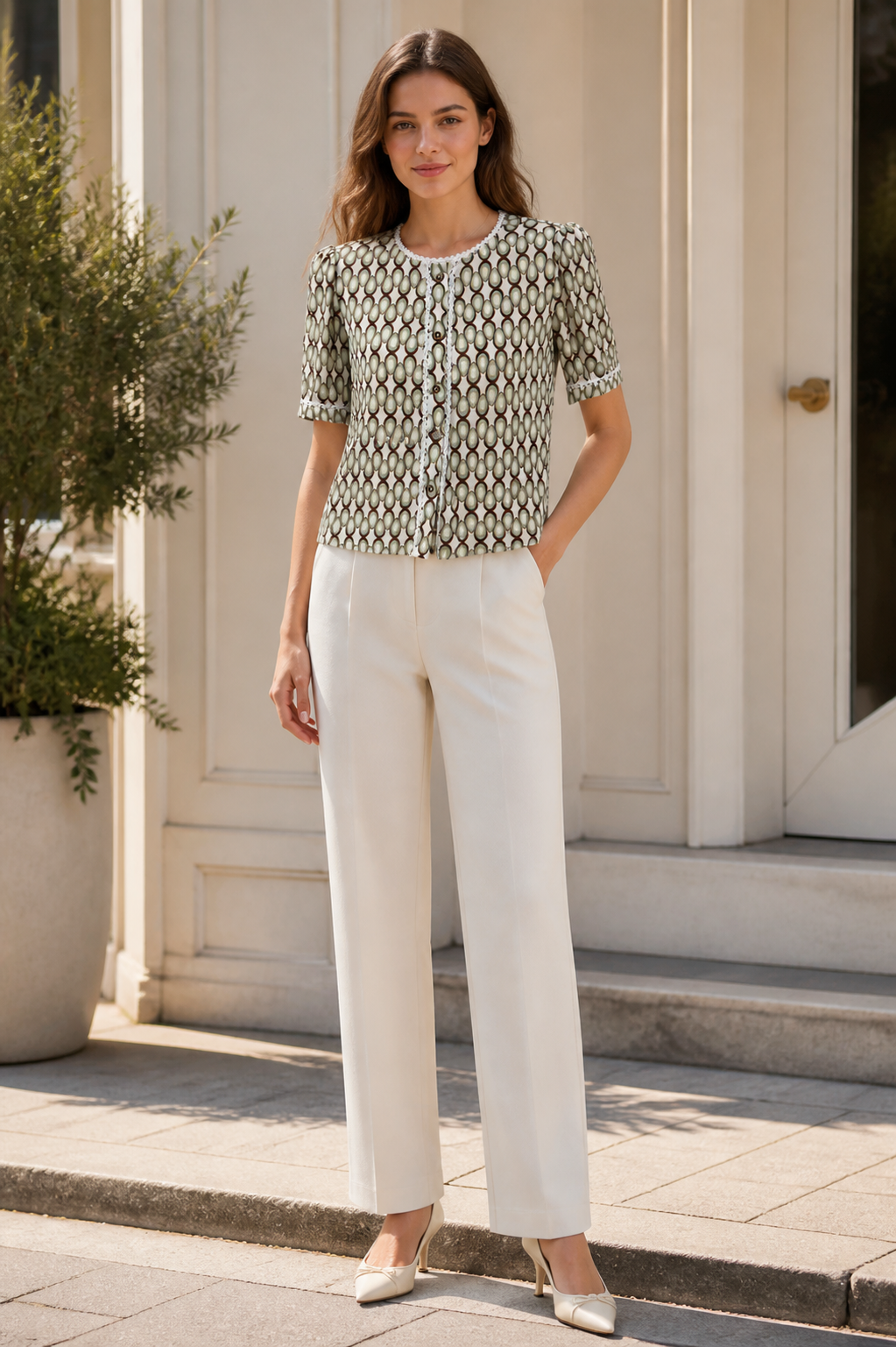 Elegant Geometric Print Short‑Sleeve Blouse, Lace‑Edged Round‑Neck Button‑Down Relaxed‑Fit Top A-42762