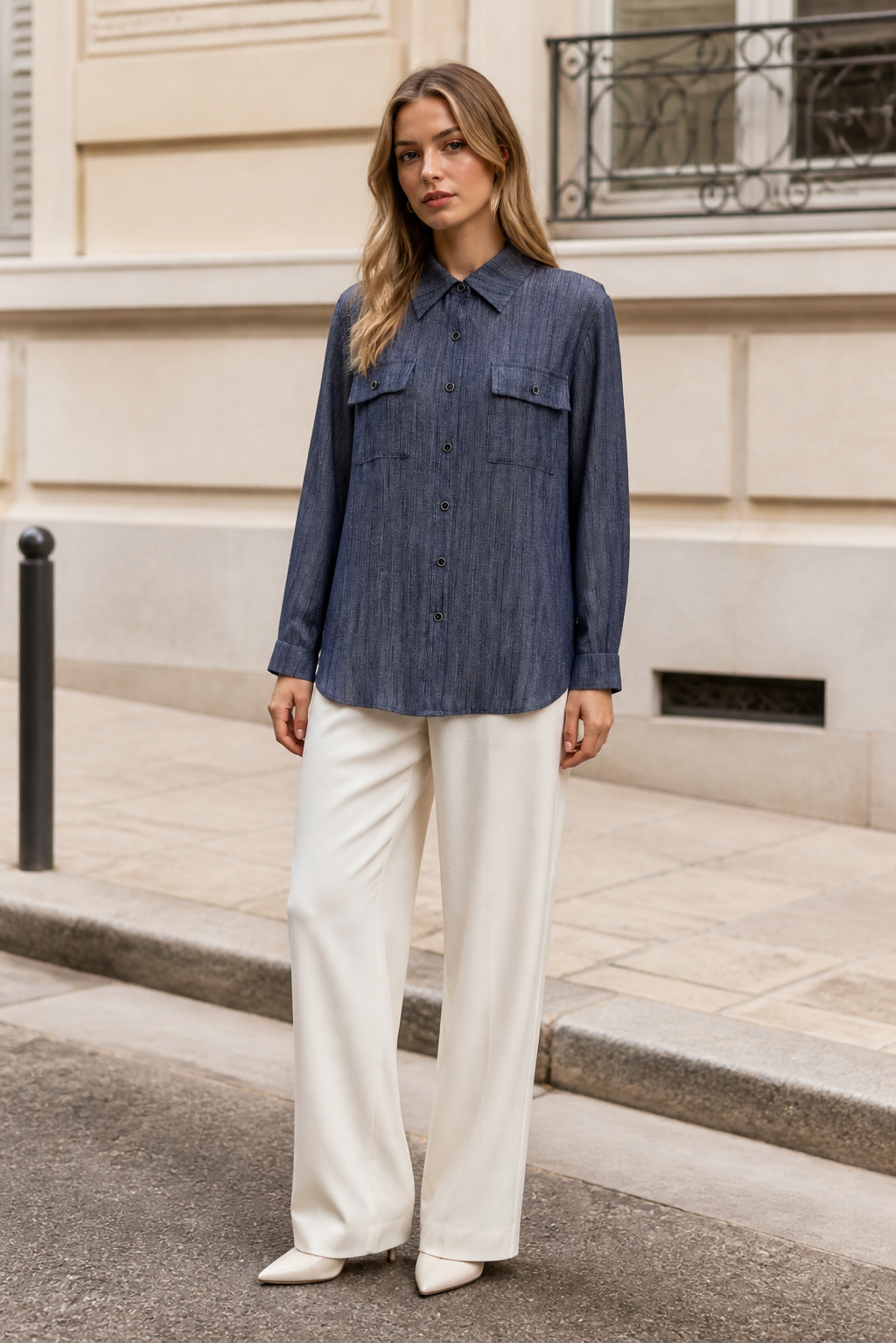 Chic Textured Dark Blue Loose Shirt, Turn‑Down Collar Long‑Sleeve Dual‑Pocket Casual Utility Blouse A-43392
