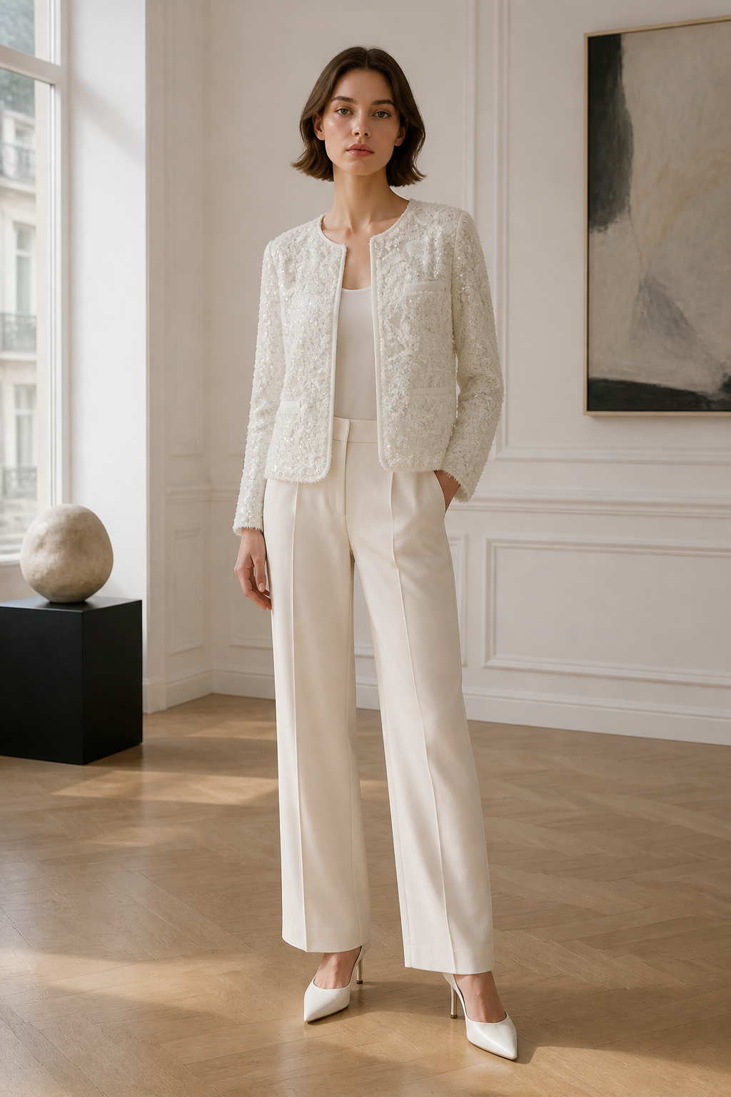 Women's White Lace Sequin Open‑Front Jacket, Round‑Neck Long‑Sleeve Pocket‑Detail Elegant Sparkly Party Blazer C-41067