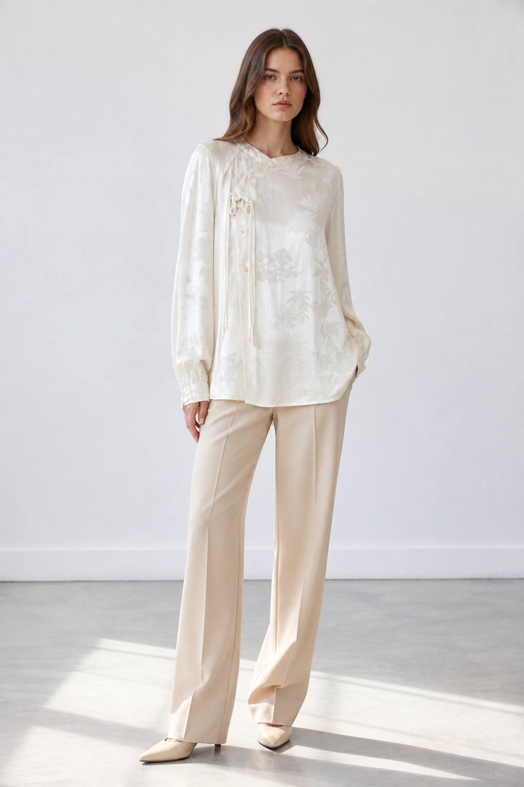 Elegant White Satin Frog‑Button Tunic Shirt, New Chinese‑Style Round‑Neck Long‑Sleeve Loose‑Fit Jacquard Dressy Blouse W-38227