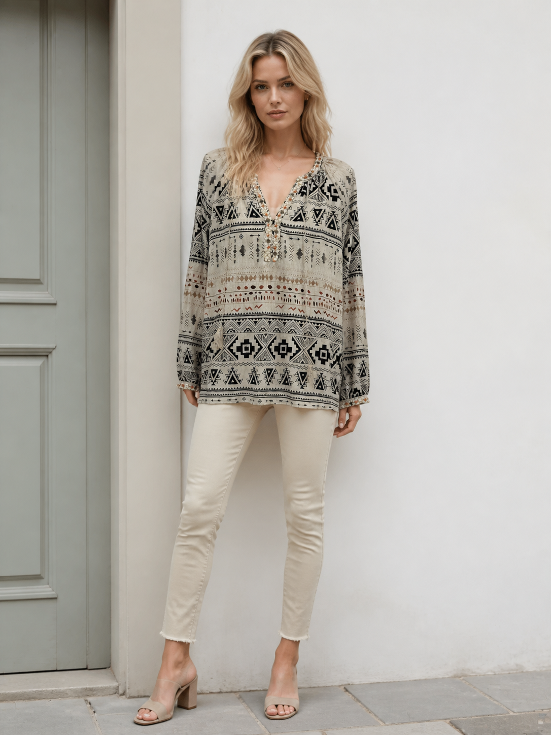 Chic Ethnic‑Print Boho Blouse, V‑Neck Tassel Detail Beaded Embroidery Long‑Sleeve Relaxed‑Fit Casual‑Vacation Tunic Top W-41402