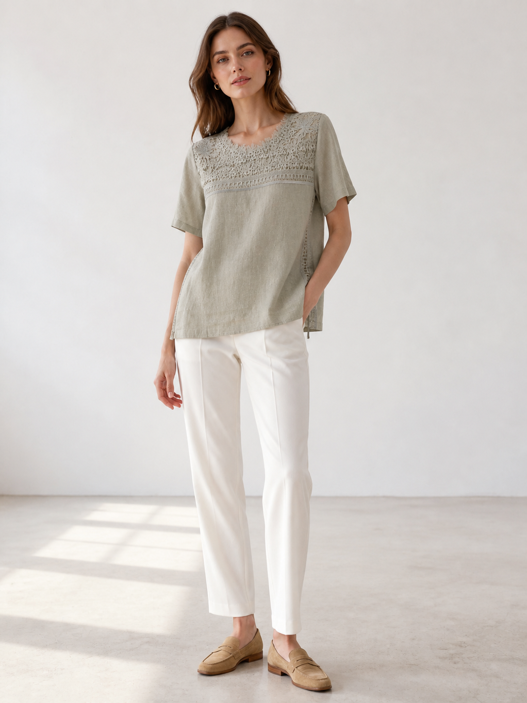Women's Oatmeal Linen Lace‑Yoke Blouse, Round‑Neck Cut‑Work Lace Shoulder Short‑Sleeve Side‑Slit Loose‑Fit Casual Top W-42900