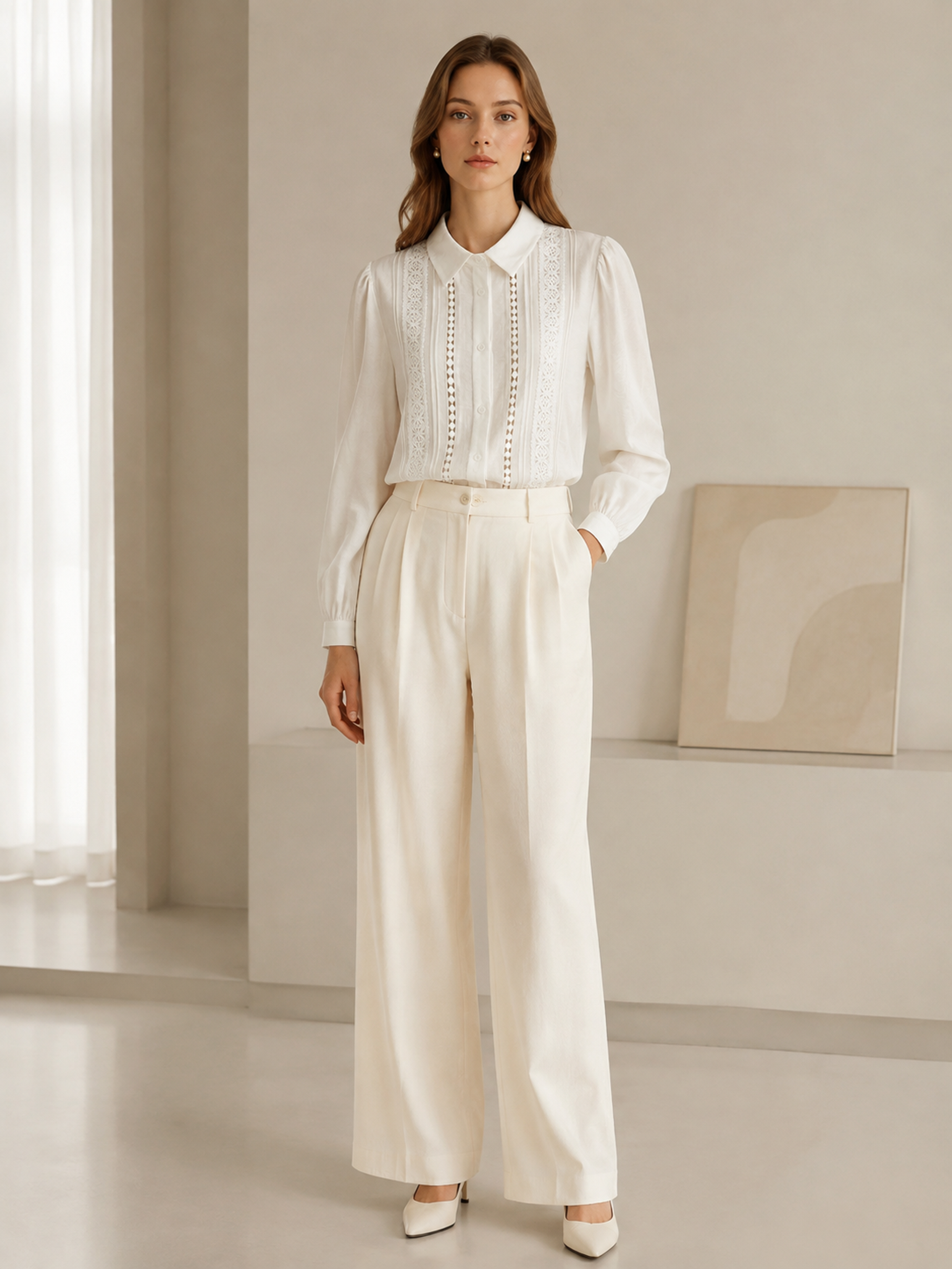 White Collared Long‑Sleeve Blouse With Vertical Lace‑Trim Panels C-43309