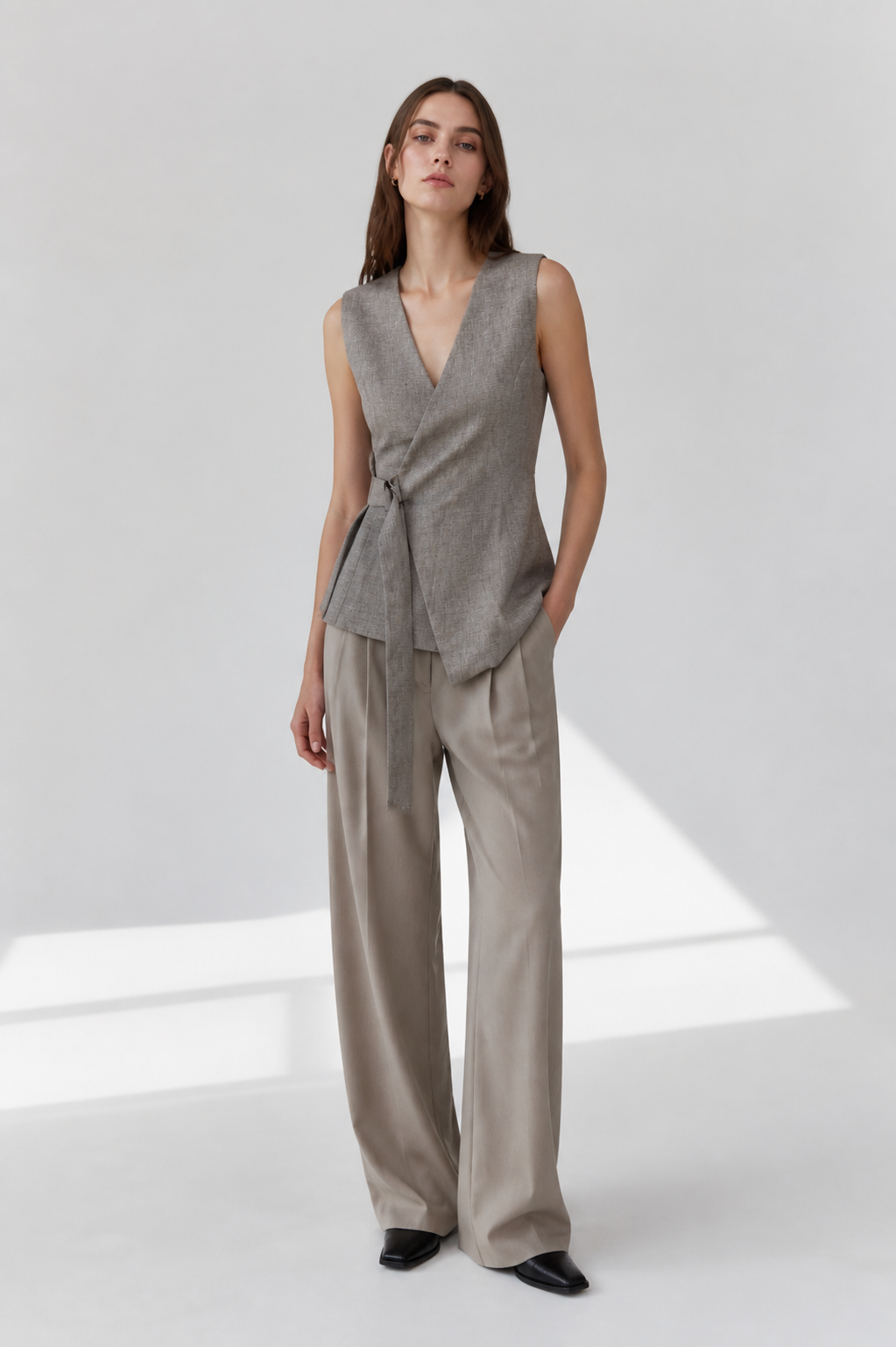  Chic Textured Sleeveless Peplum Blouse V-Neck Belted Wrap Waistcoat C-42121