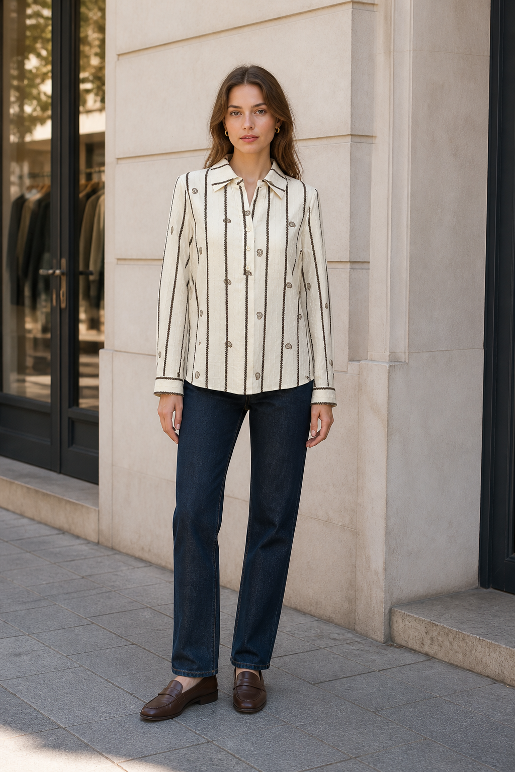 Off‑White Vertical‑Stripe Paisley‑Embroidered Henley Collar Long‑Sleeve Blouse D-42992