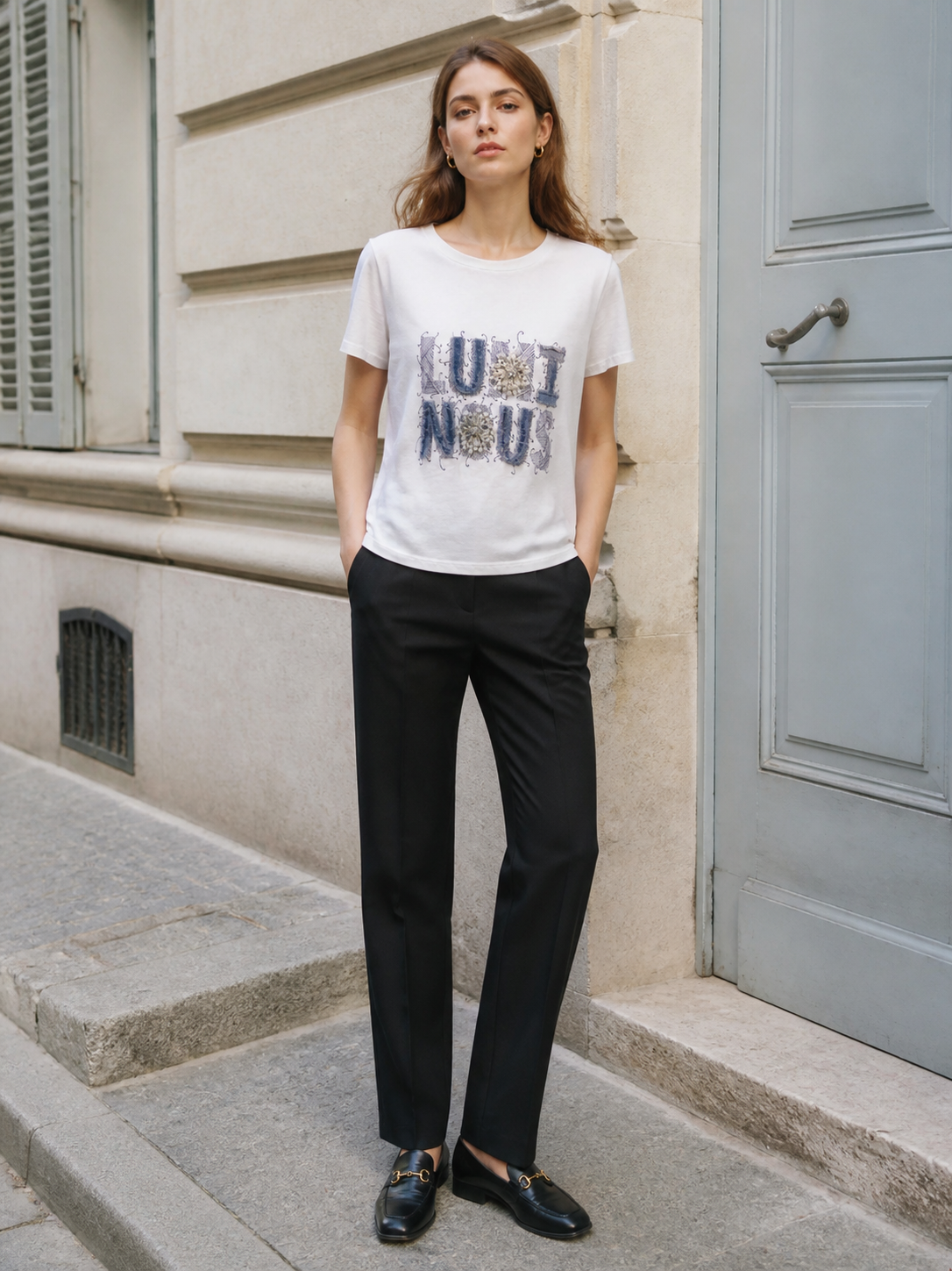 White Crew‑Neck Short‑Sleeve T‑Shirt With Denim Letter Applique & Beaded Floral Embellishment M-42129-22