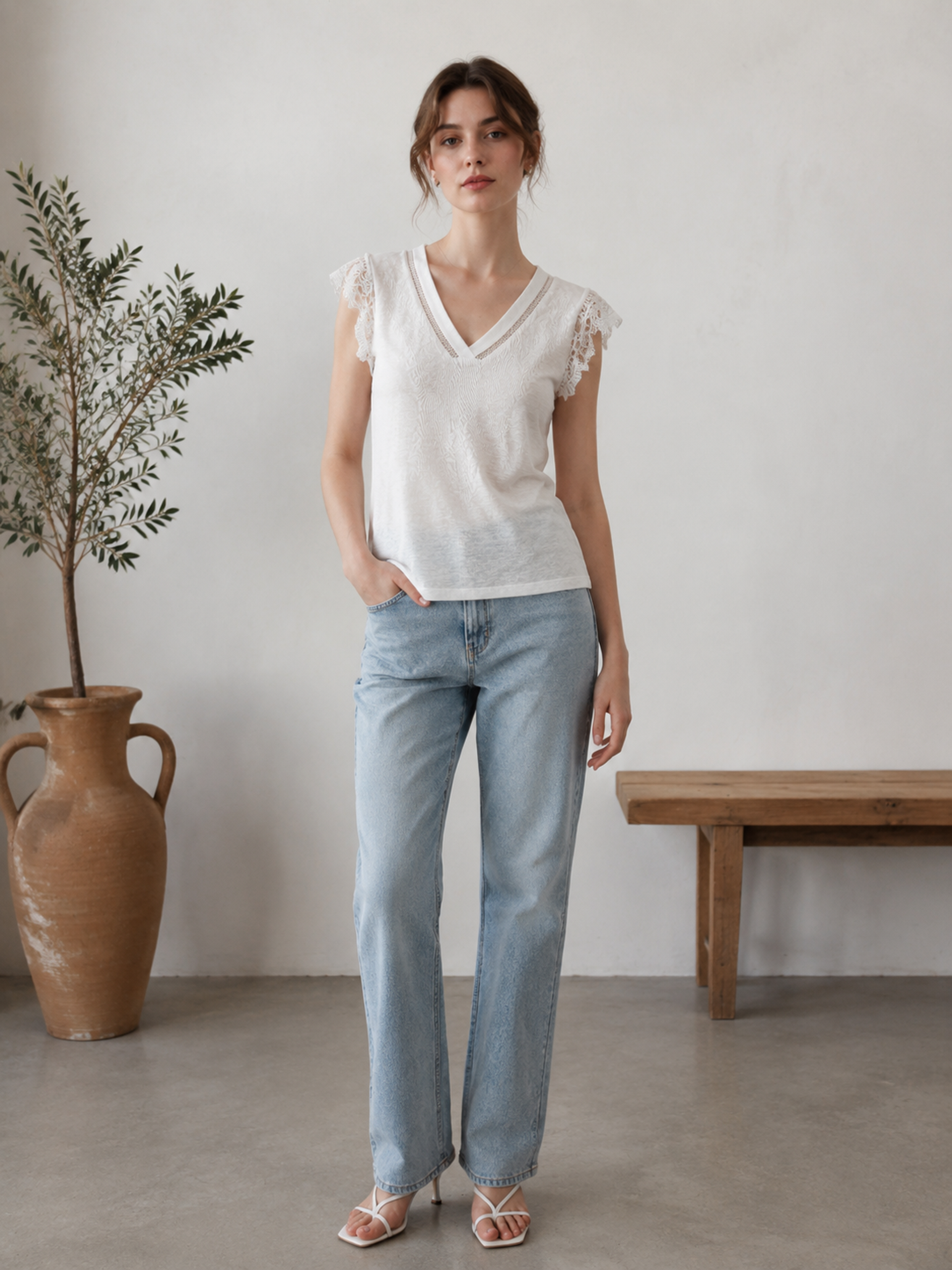 White V‑Neck Knit Top With Hollow‑Out Trim & Crochet Lace Cap Sleeves M-42248