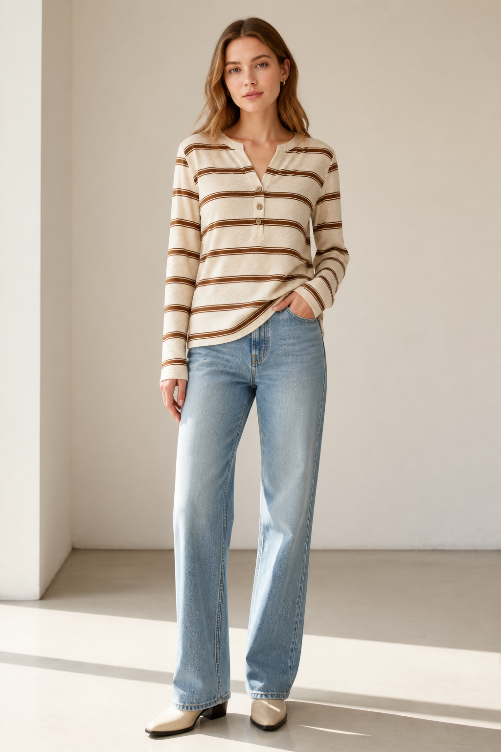 Beige‑Brown Striped Henley Long‑Sleeve Top With Side Tie Knot Hem M-43103