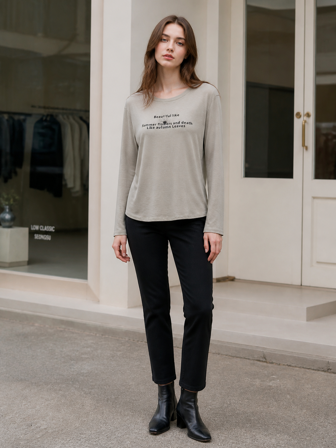 Khaki Round‑Neck Long‑Sleeve T‑Shirt, Letter Graphic Print With Decorative Flower W-43060