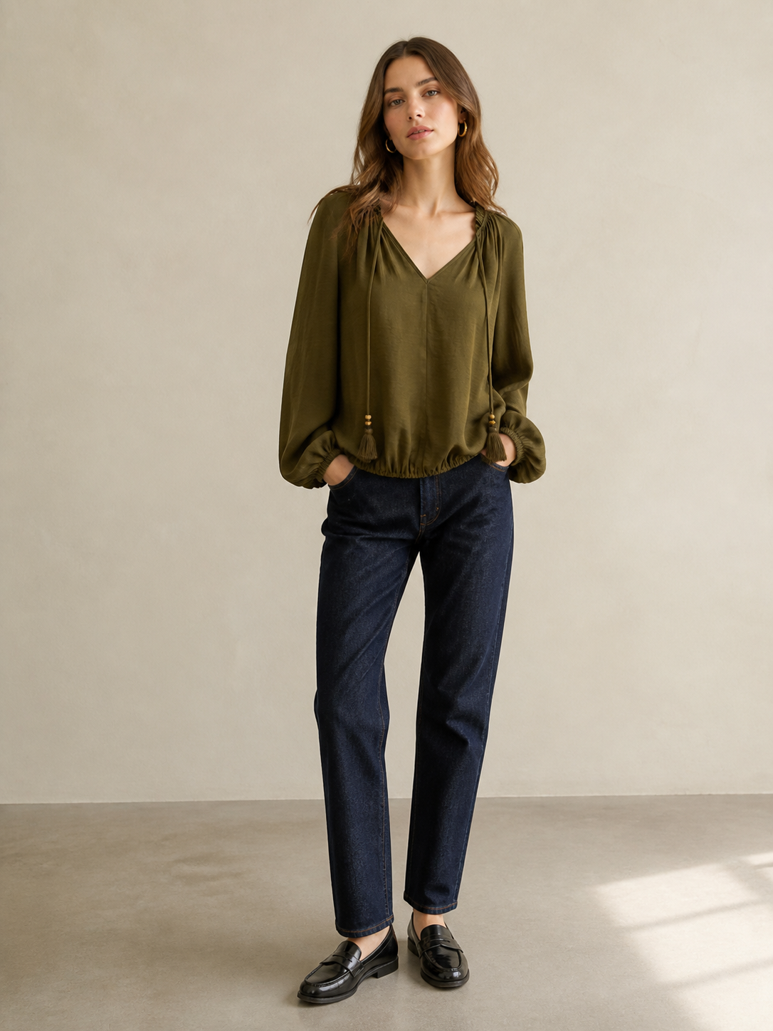 Olive Green V‑Neck Boho Blouse, Long‑Sleeve Peasant Top With Beaded Tassel Tie Neck W-43126