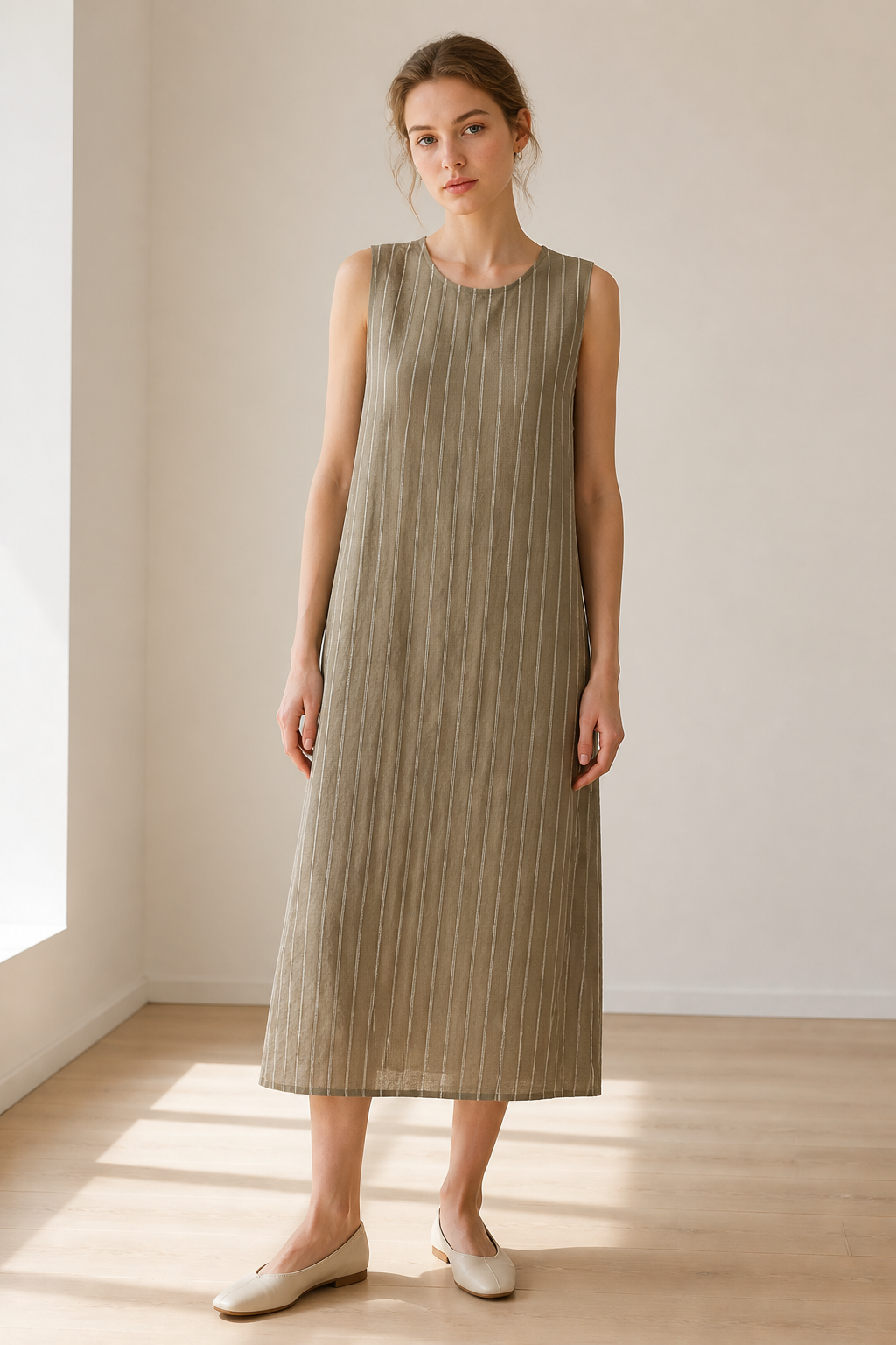Versatile Linen‑Textured Sleeveless Shift Dress For Vacation & Office C-42198H