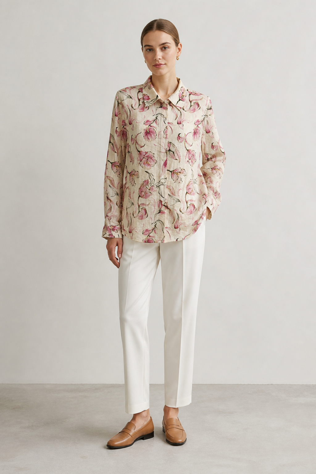 Vintage‑Inspired Pink Flower Print Textured‑Fabric Loose Button‑Up Shirt W-43128