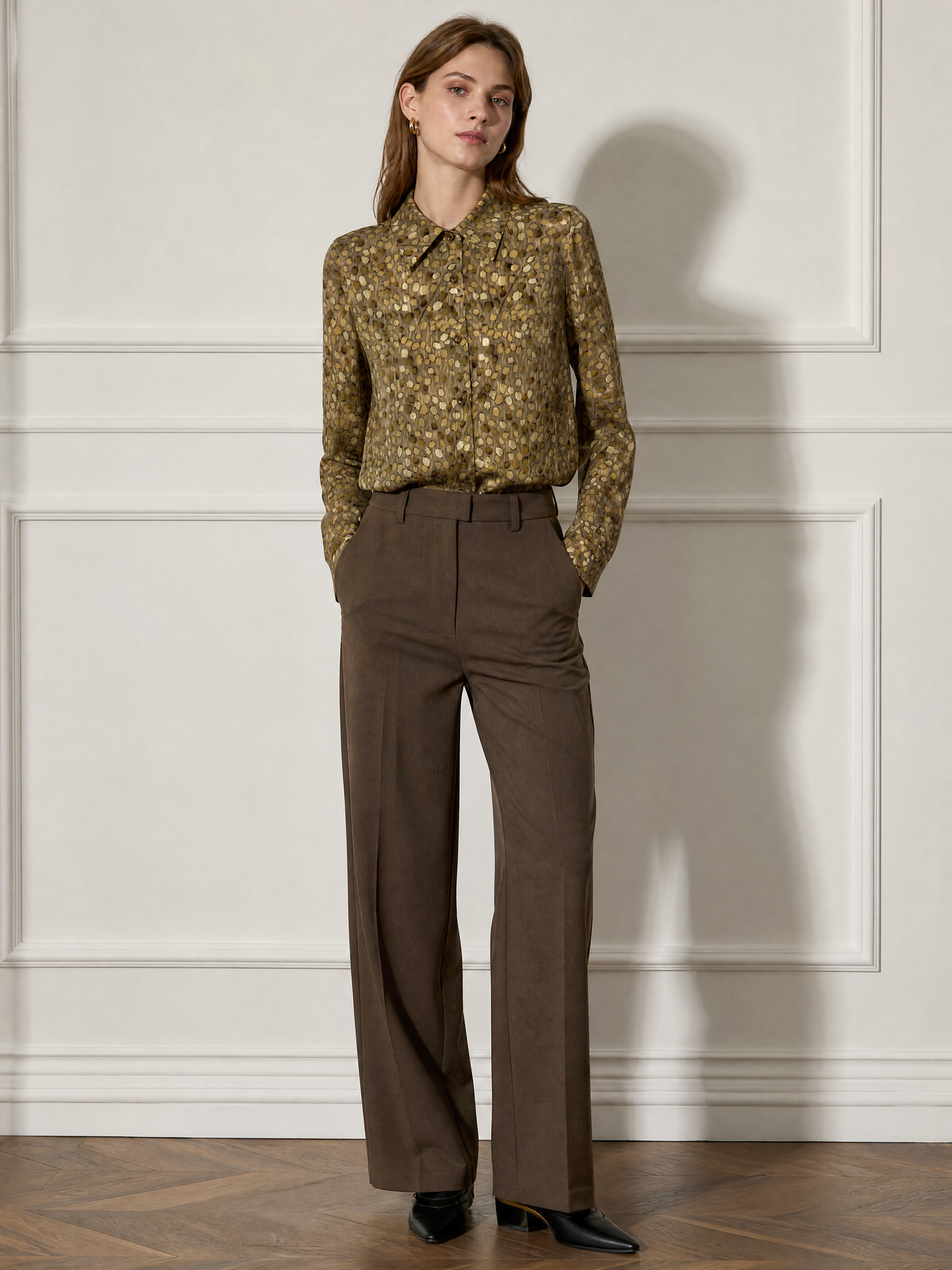 Retro Neutral‑Tone Speckled Print Long‑Sleeve Blouse For Office & Daily Wear W-43166