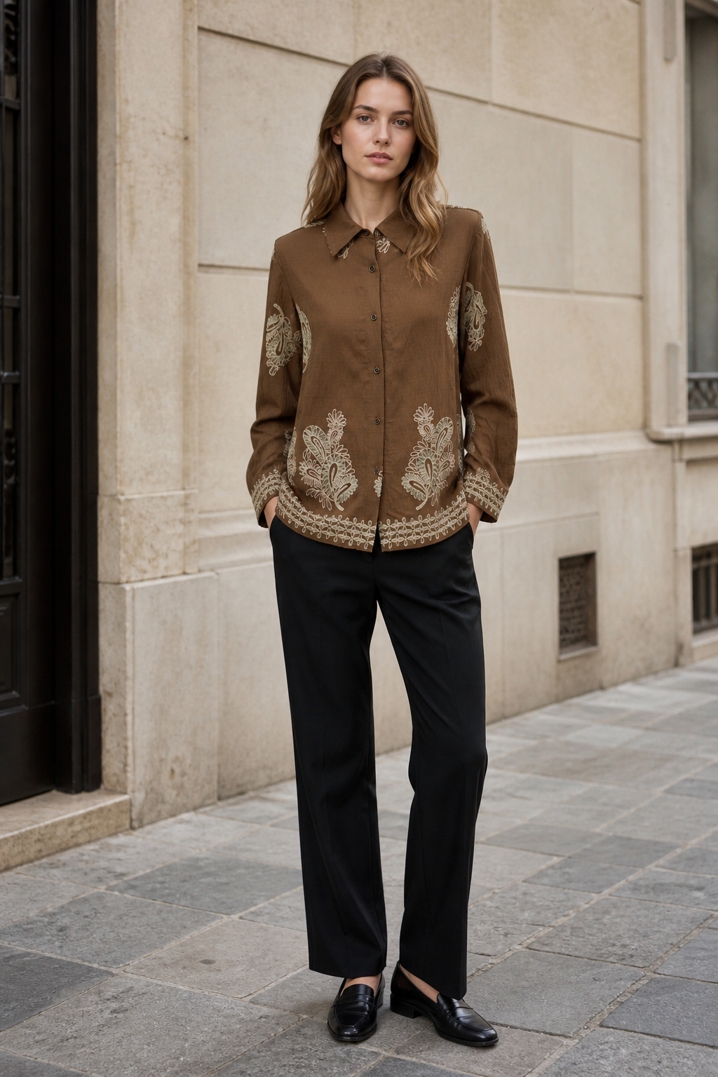 Boho‑Chic Paisley‑Embroidered Textured‑Fabric Loose Button‑Front Shirt W-43352