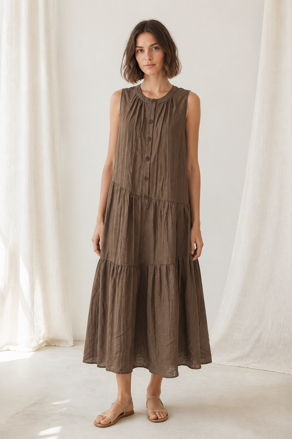 Women's Brown Sleeveless Tiered Midi Dress, Round‑Neck Button‑Front Loose‑Fit Casual Long Dress 