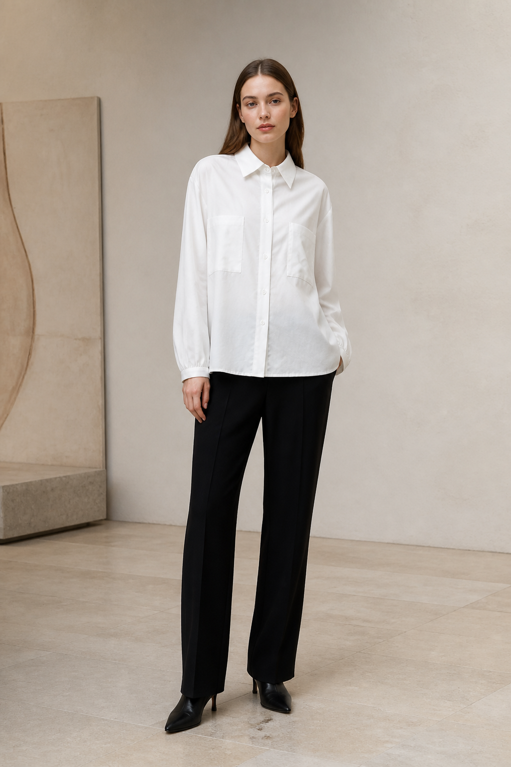 Basic Oversized White Cotton‑Feel Shirt, Two Patch Pockets Long‑Sleeve Button‑Up Top For Women A-41598